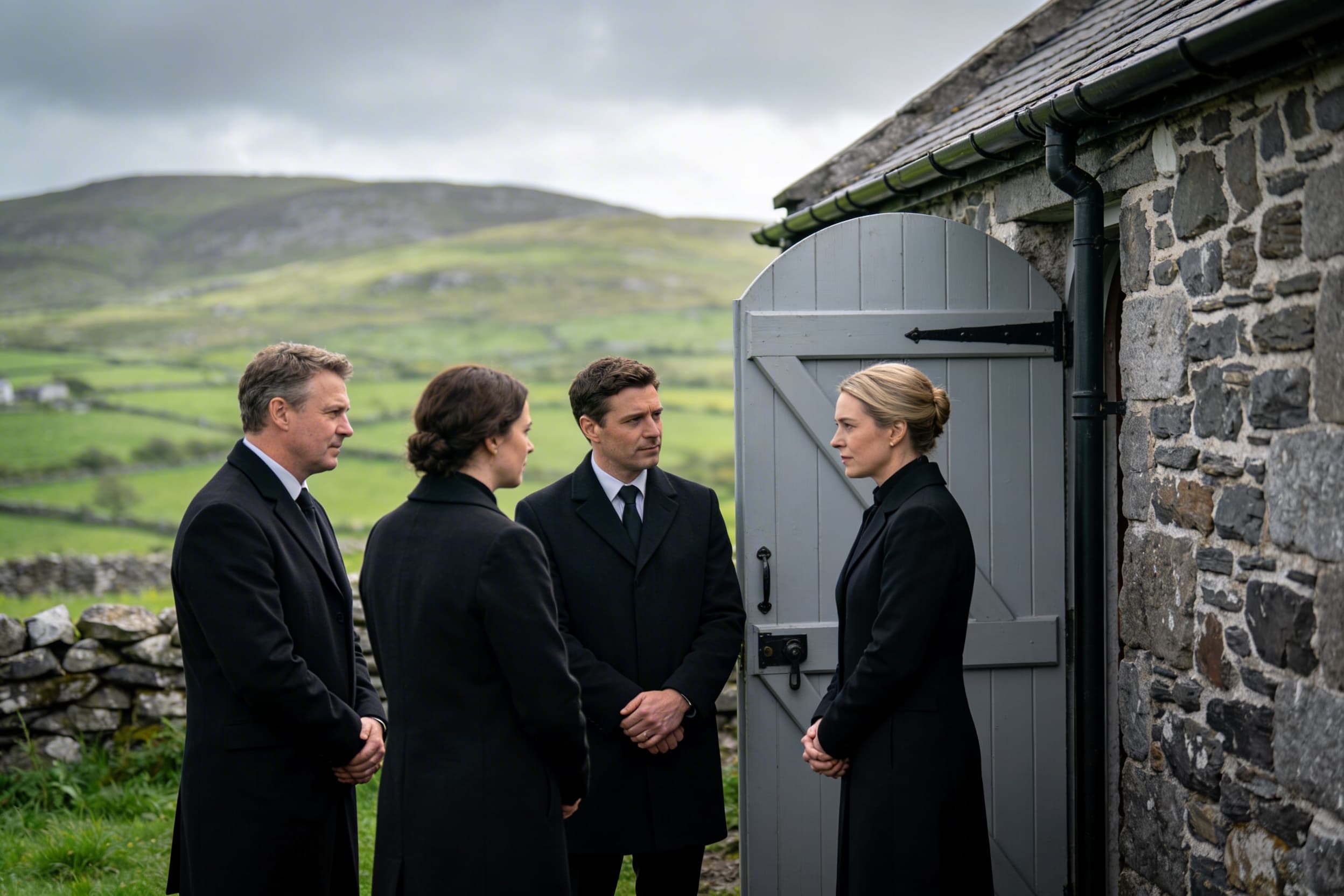 A group of mourners gathered respectfully outside a stone-walled Irish cottage during a wake, with green hills visible in the background