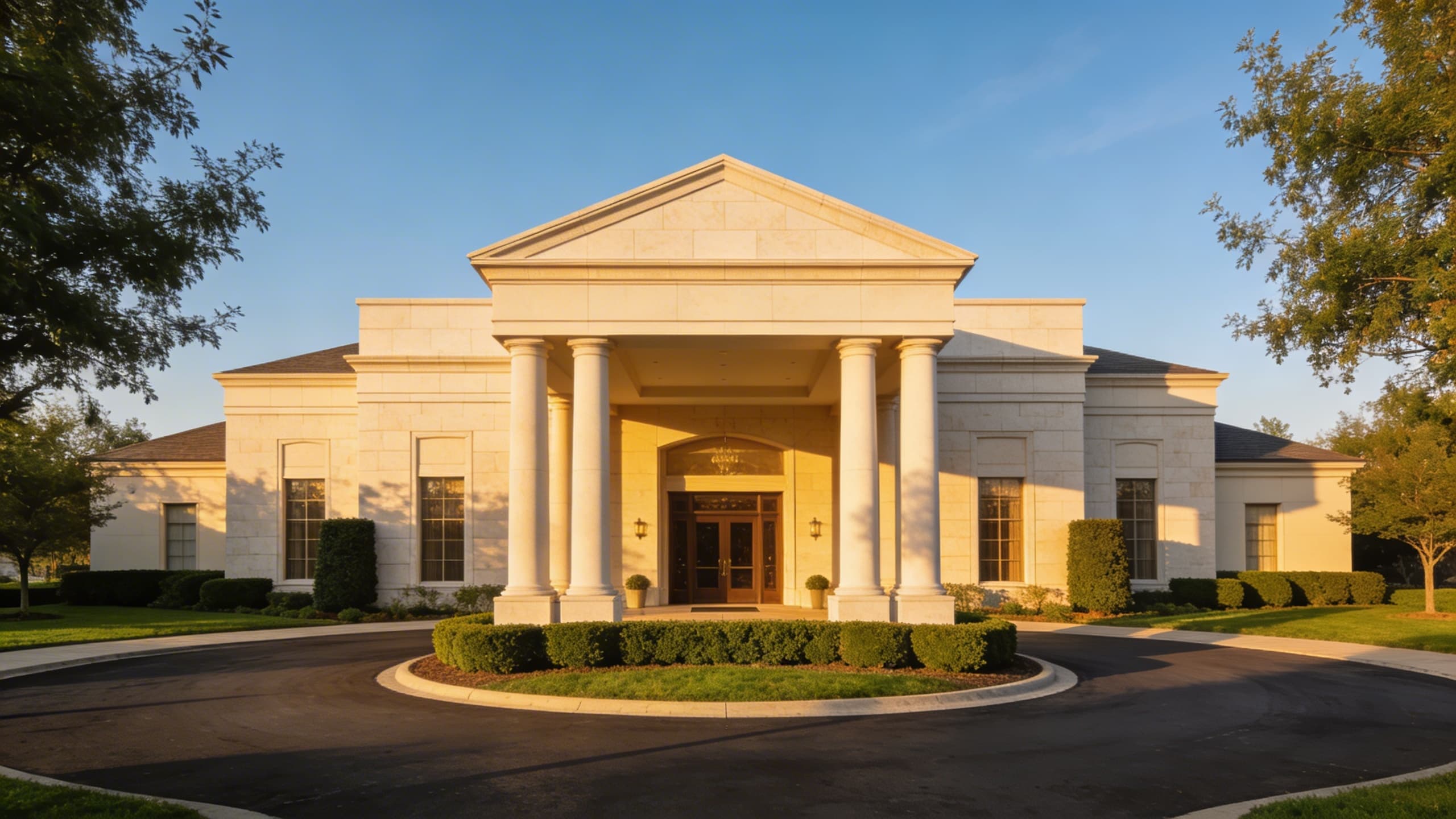 The exterior of a large, modern funeral home building with manicured landscaping and a covered entrance portico on a clear day
