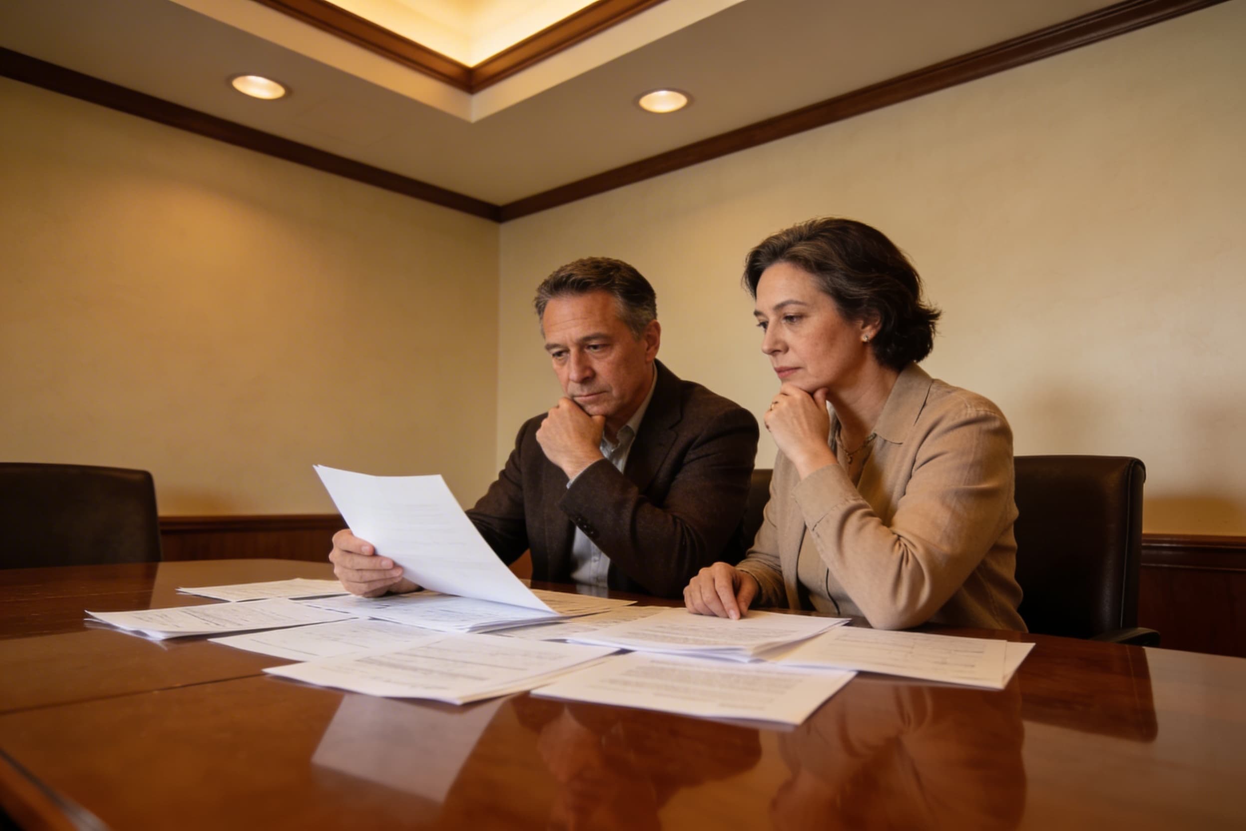 A family sitting together at a table reviewing a printed funeral home price list with a funeral director across from them