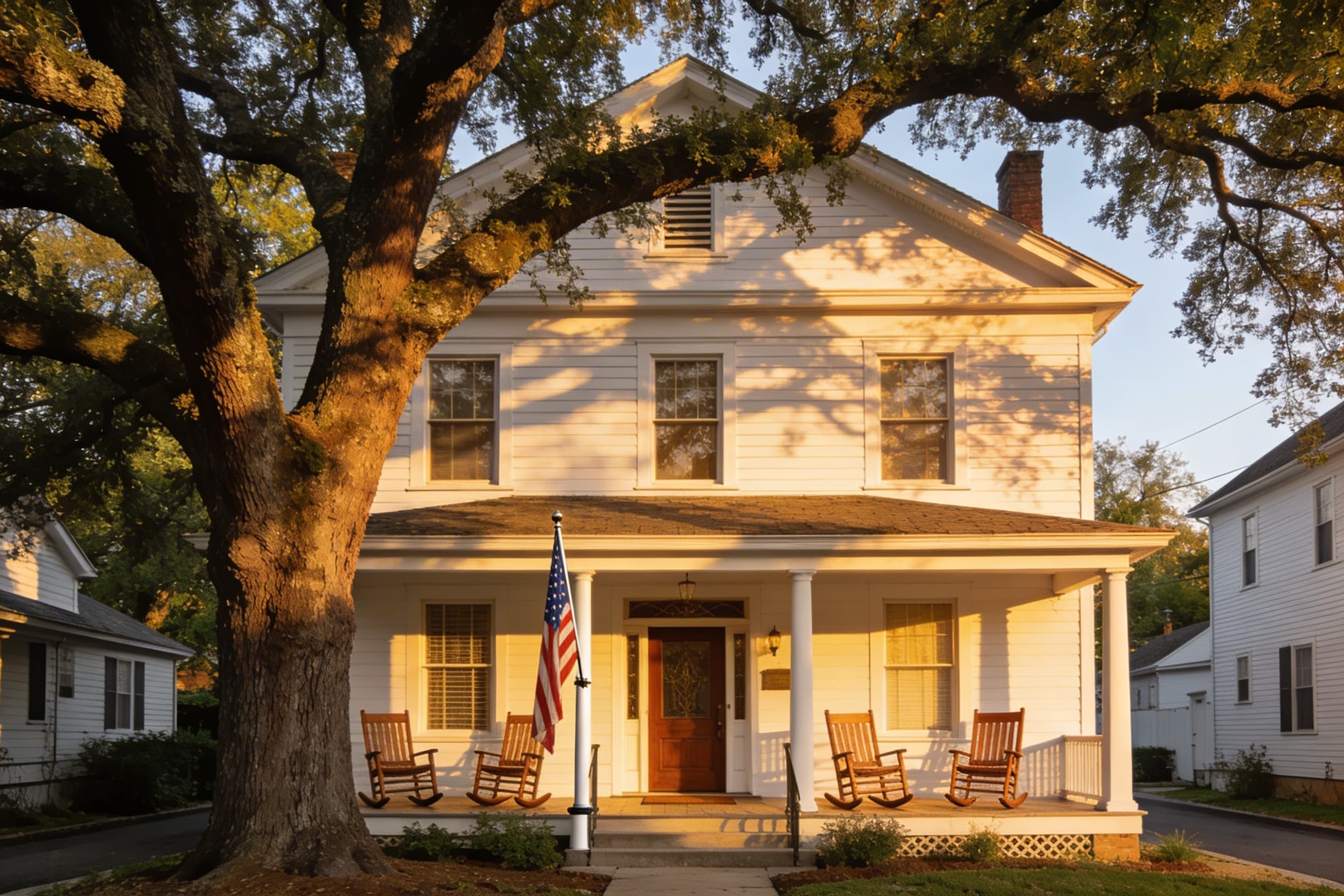 A charming independent funeral home on a tree-lined small-town street with a welcoming front porch and American flag