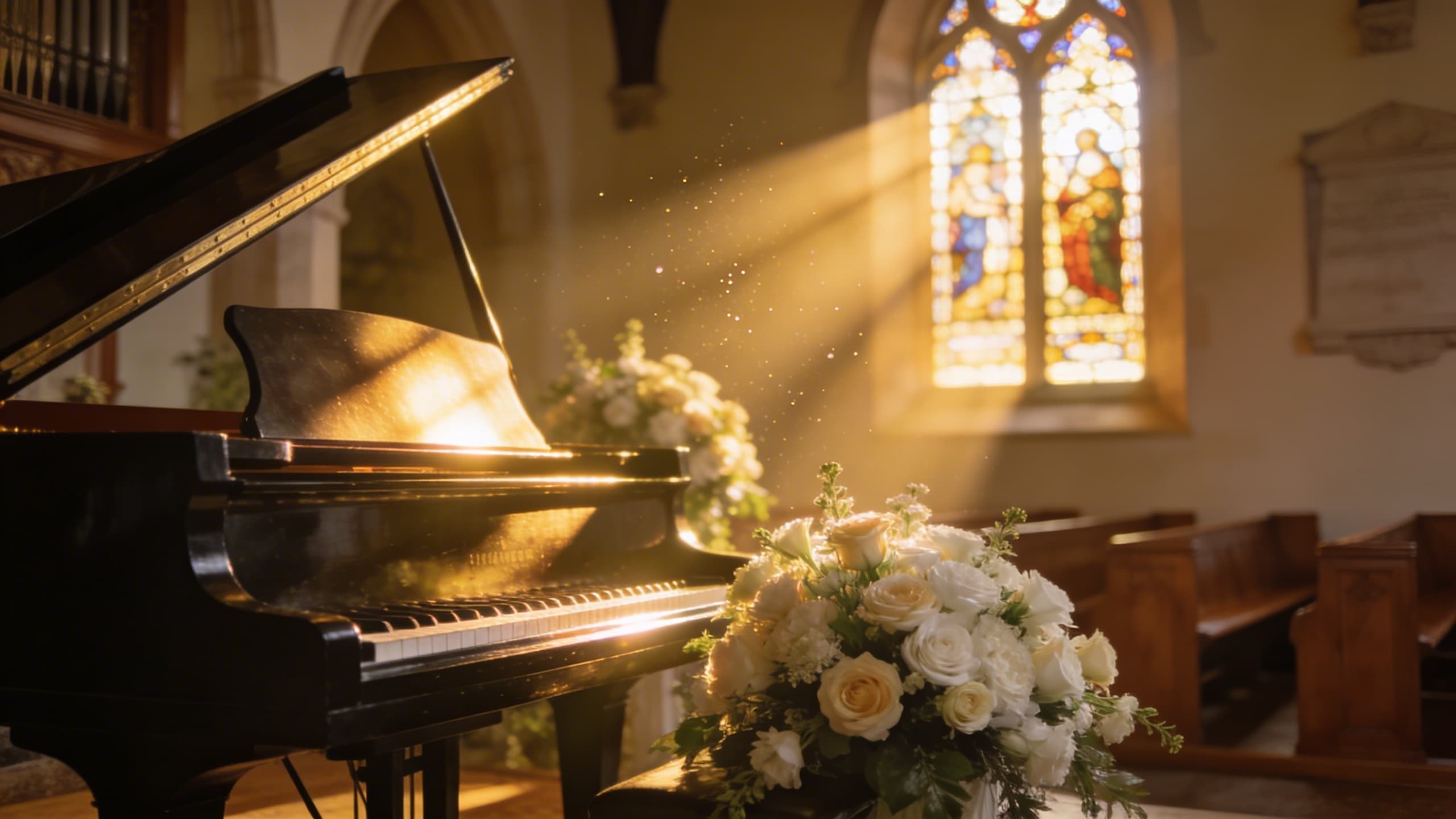 Warm sunlight streaming through a church window onto a piano surrounded by white flowers in a peaceful memorial setting