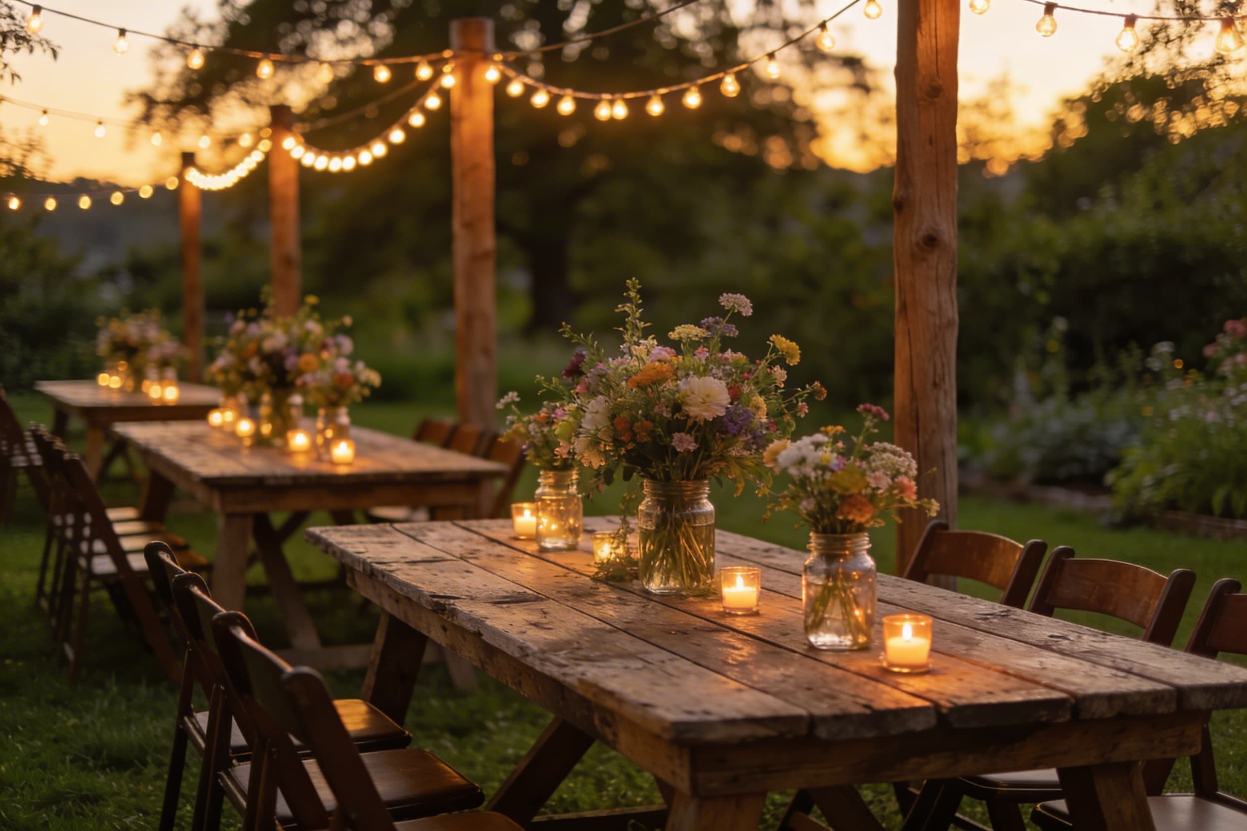 An outdoor celebration of life gathering at dusk with string lights draped above wooden tables decorated with wildflowers and candles
