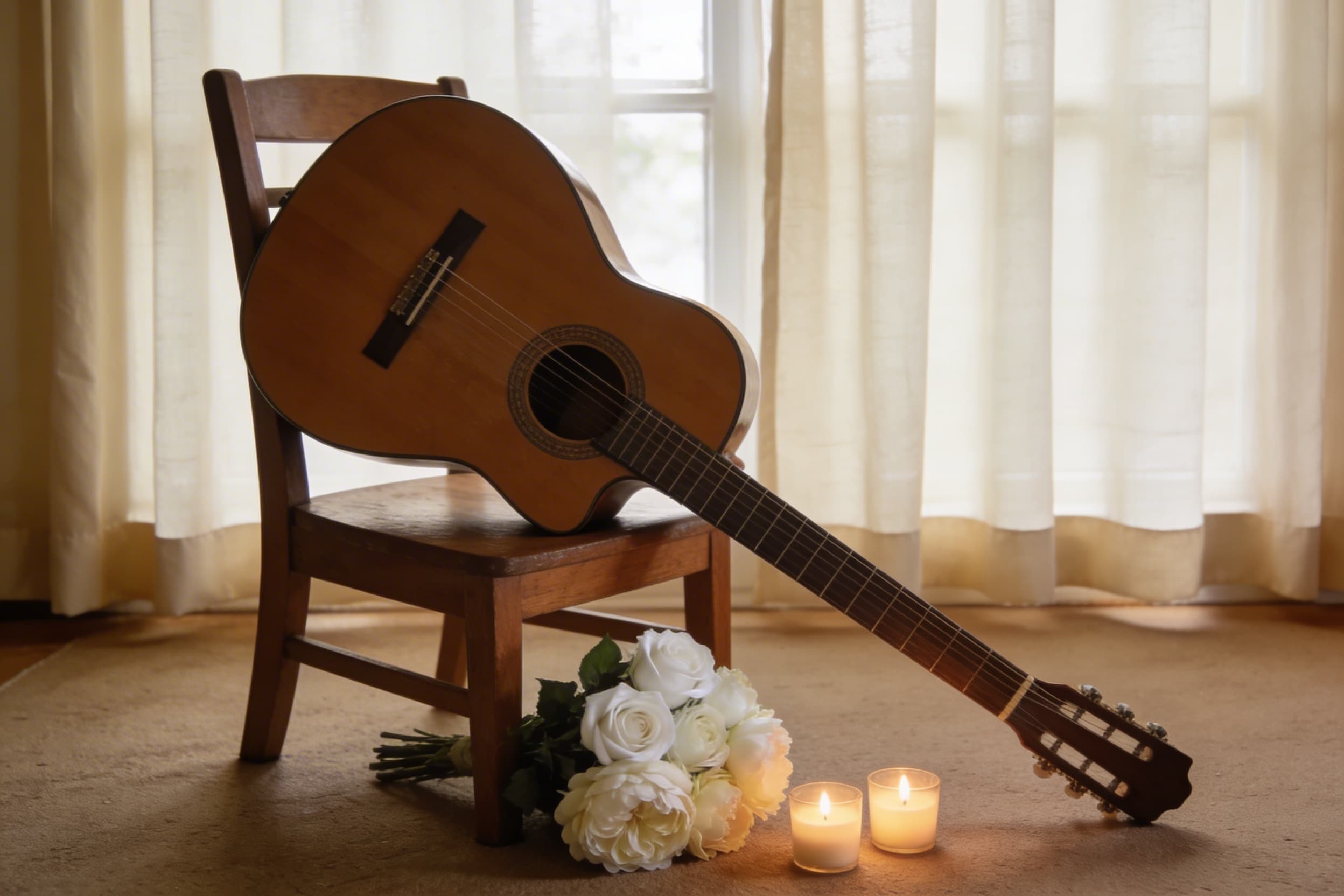 A warm-toned acoustic guitar leaning against a wooden chair next to a bouquet of white roses and soft candlelight at a memorial setting