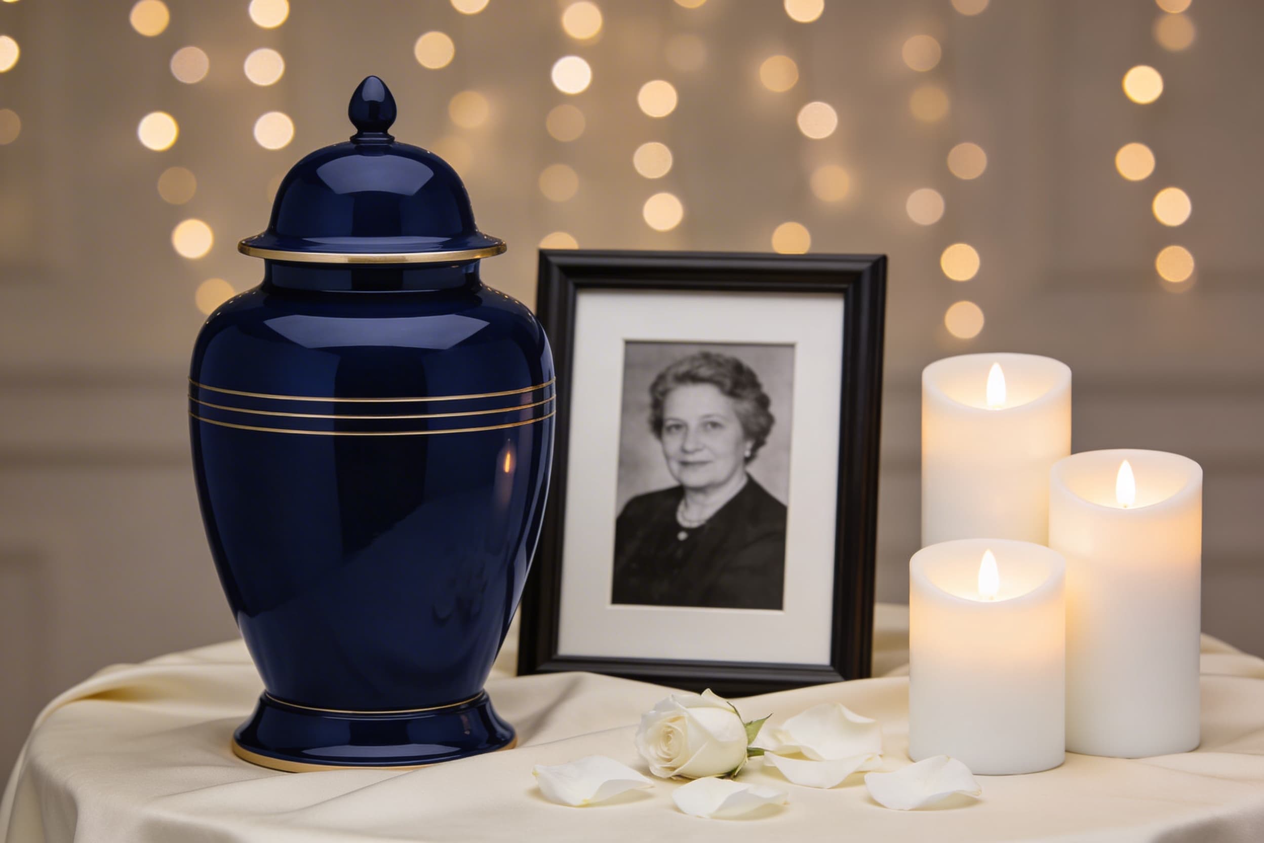 An elegant dark blue cremation urn displayed on a draped table next to a framed photograph and softly glowing candles at a memorial service