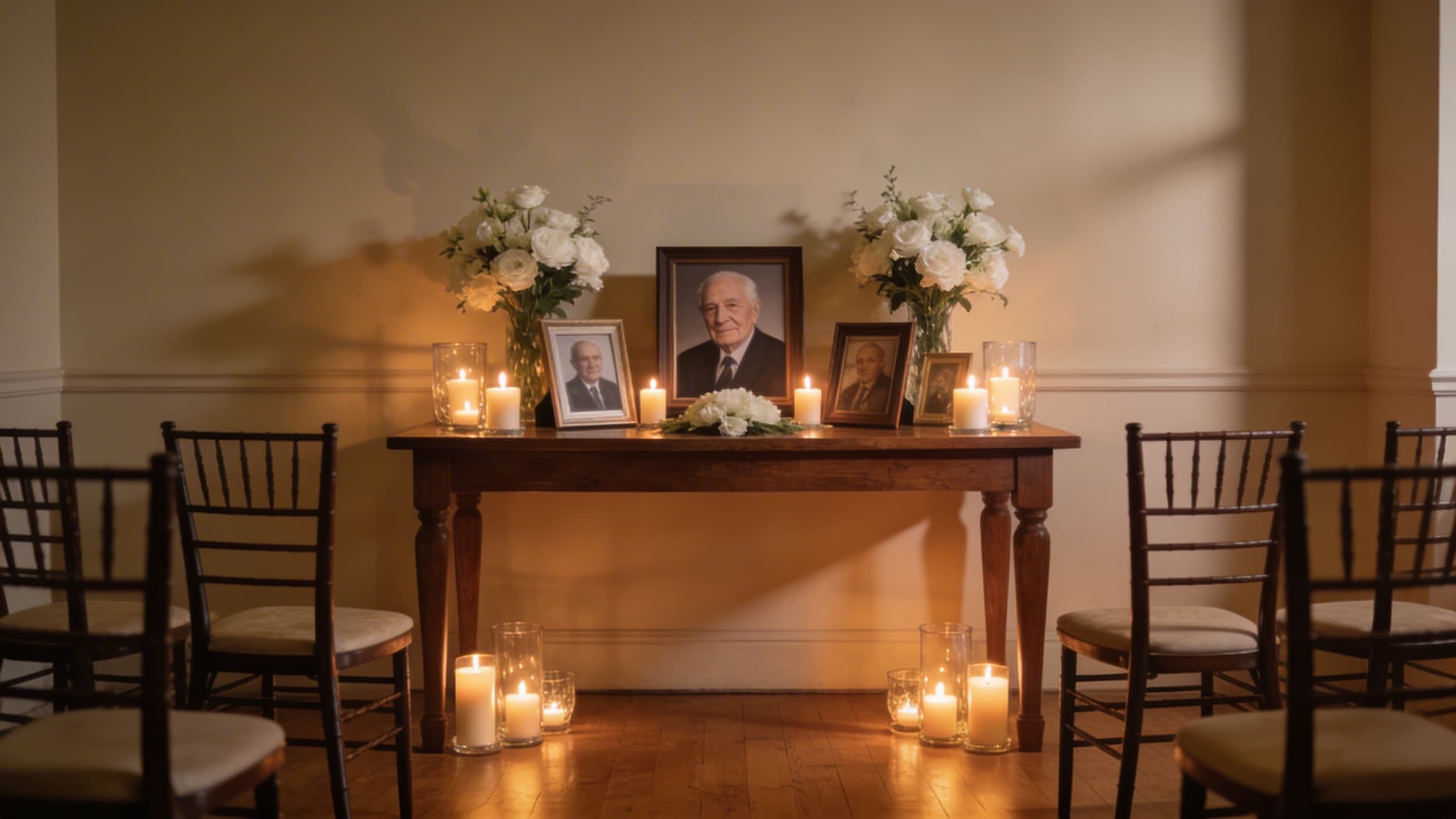 A candlelit wake gathering room with framed photographs, white flower arrangements, and lit candles on a wooden table surrounded by chairs