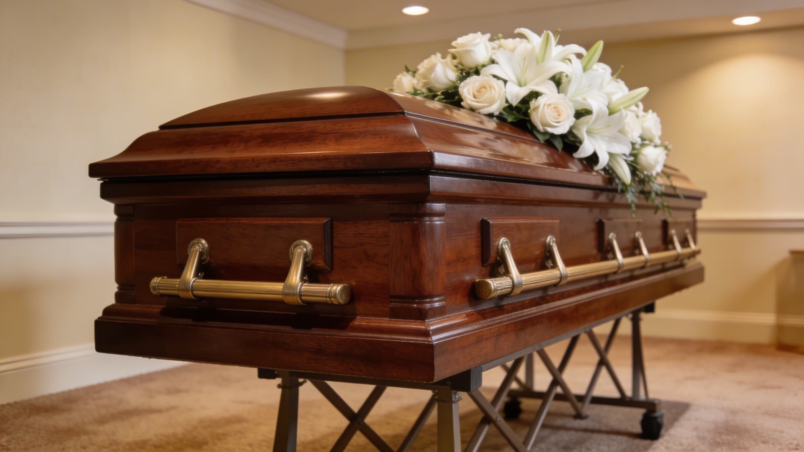 An elegant polished mahogany casket with brass hardware displayed in a softly lit funeral home setting with white floral arrangements