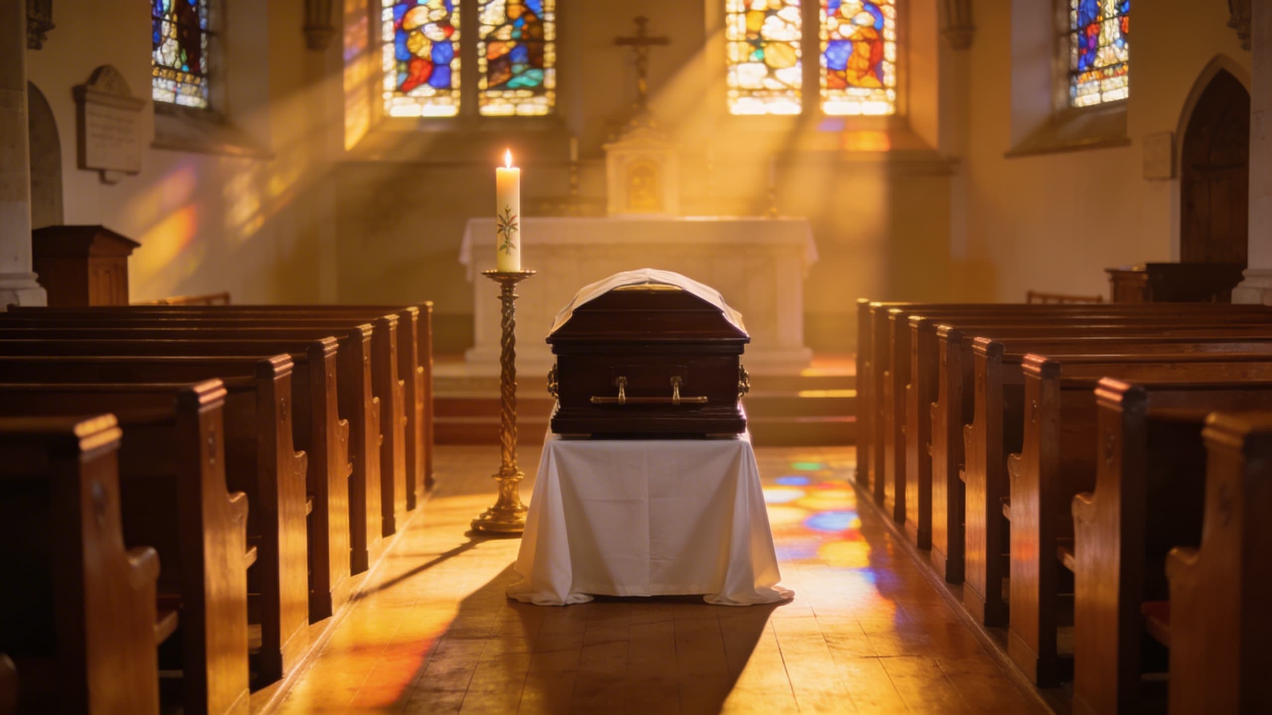 The interior of a Catholic church during a funeral Mass with a casket covered by a white pall near the altar and Paschal candle lit beside it