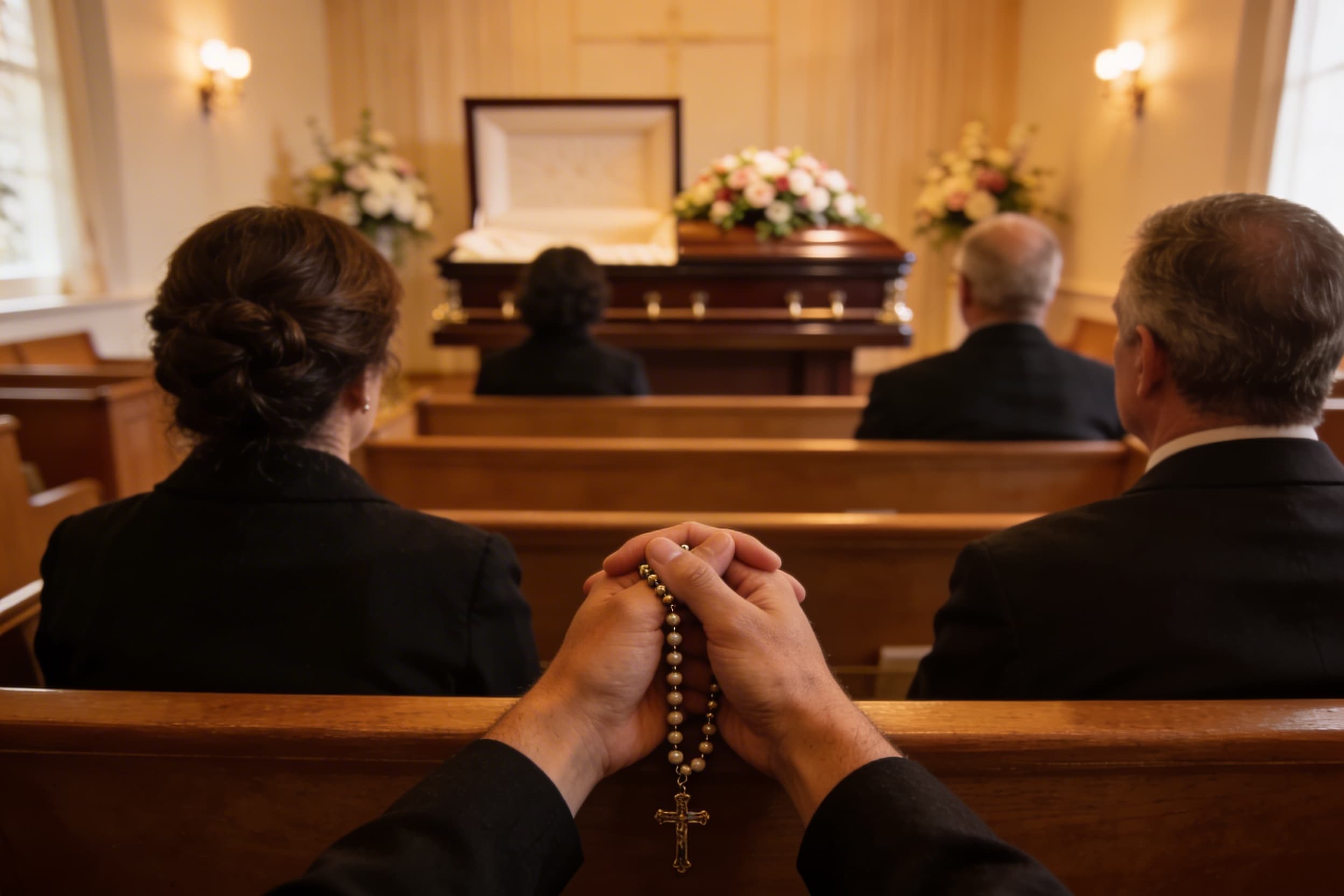 Family and friends gathered in prayer during a Catholic vigil service with the rosary being recited in a warm funeral home setting
