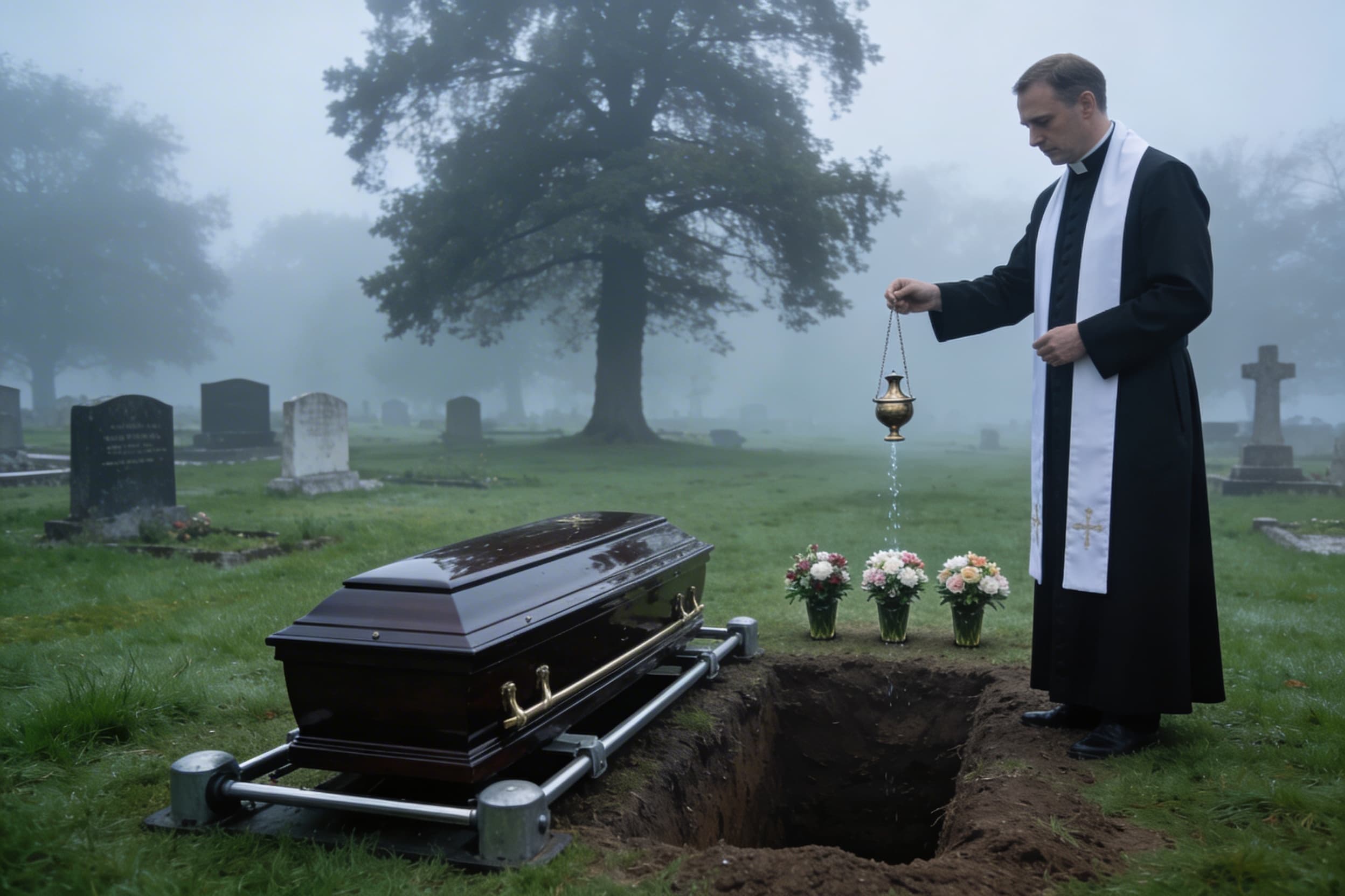 A priest blessing a grave with holy water during the Catholic Rite of Committal at a peaceful cemetery with mourners standing nearby