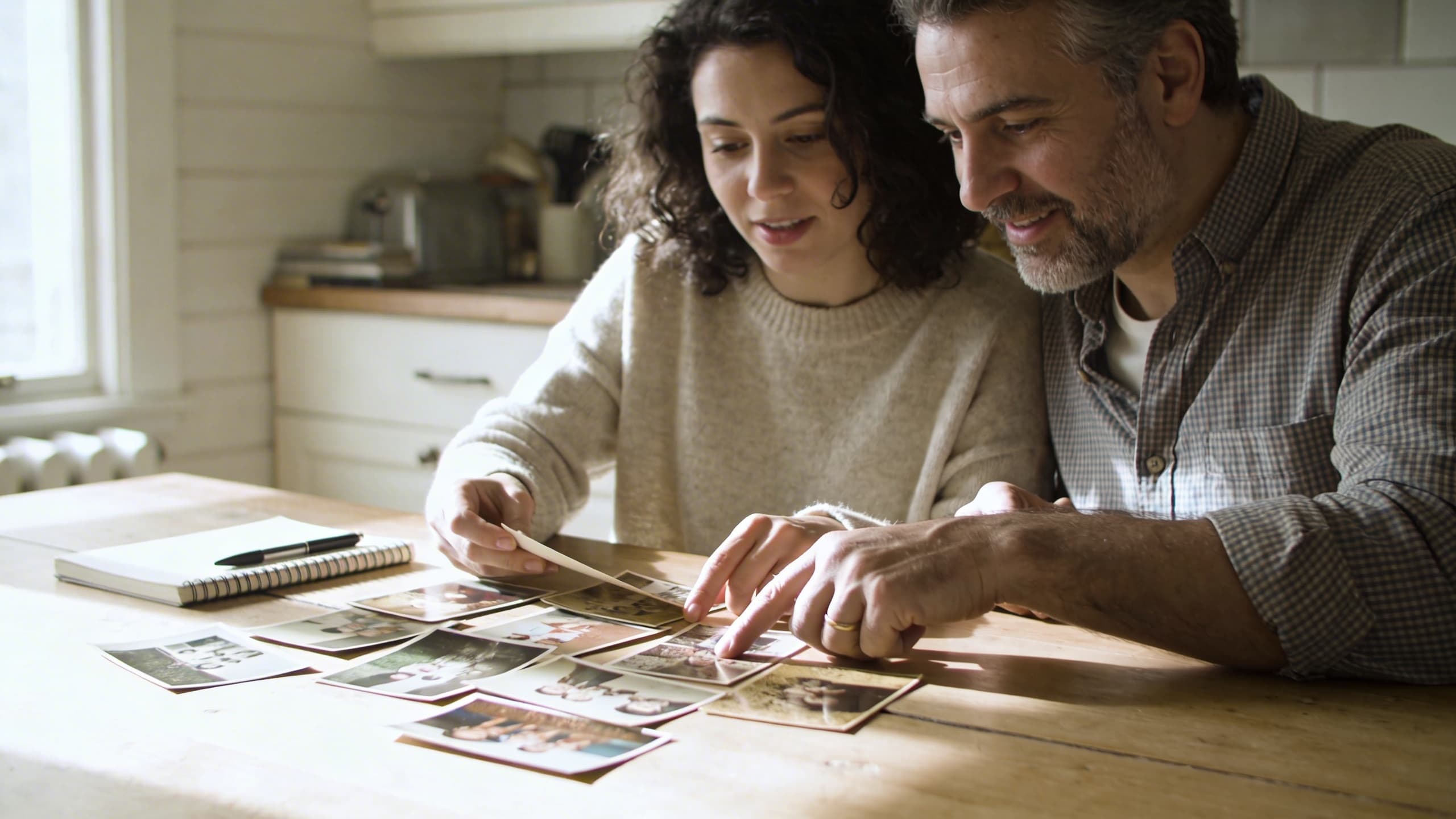 A family gathered around a table with old photographs and documents while preparing to write an obituary