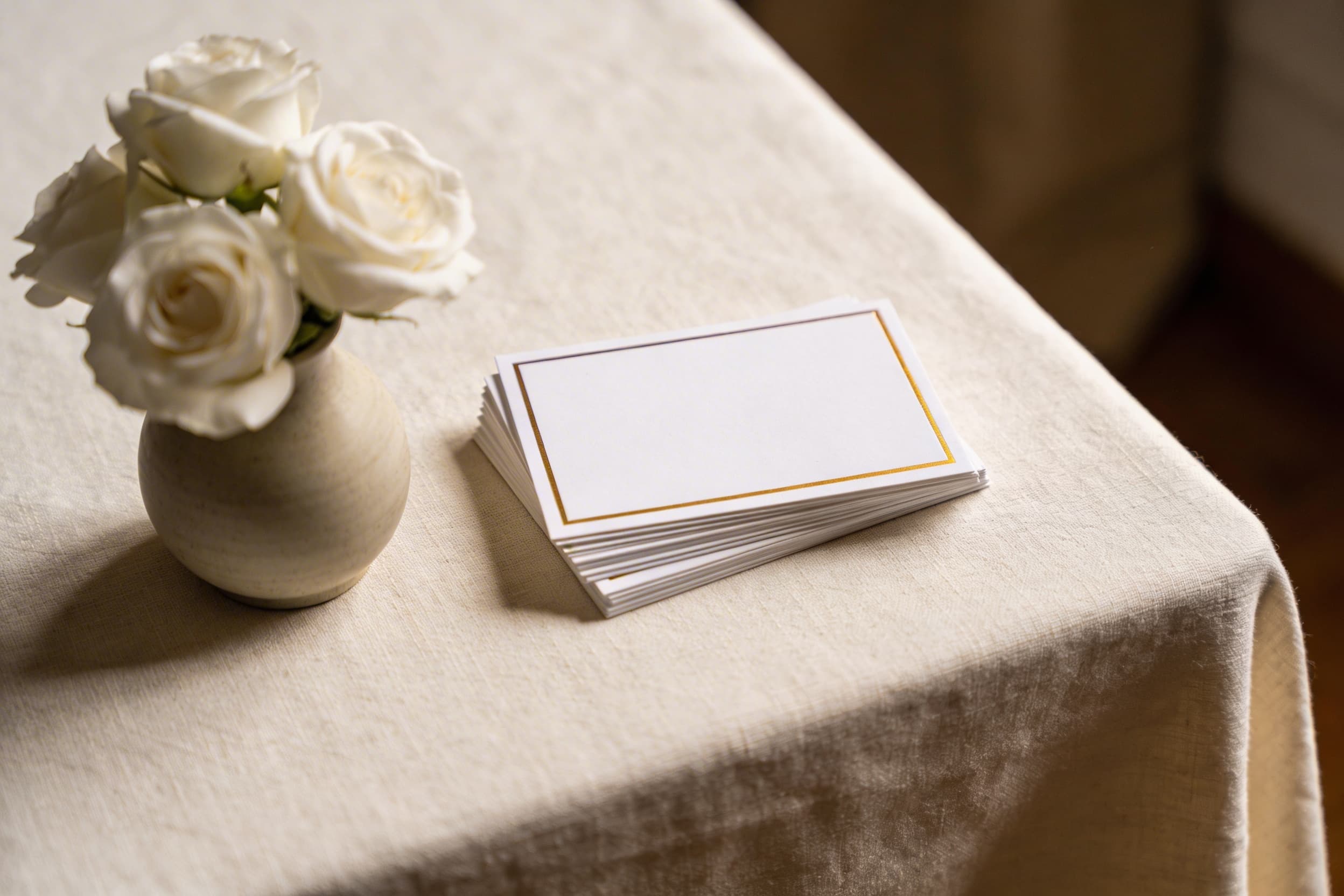 A display of printed memorial prayer cards with a photograph and dates at a funeral service reception table