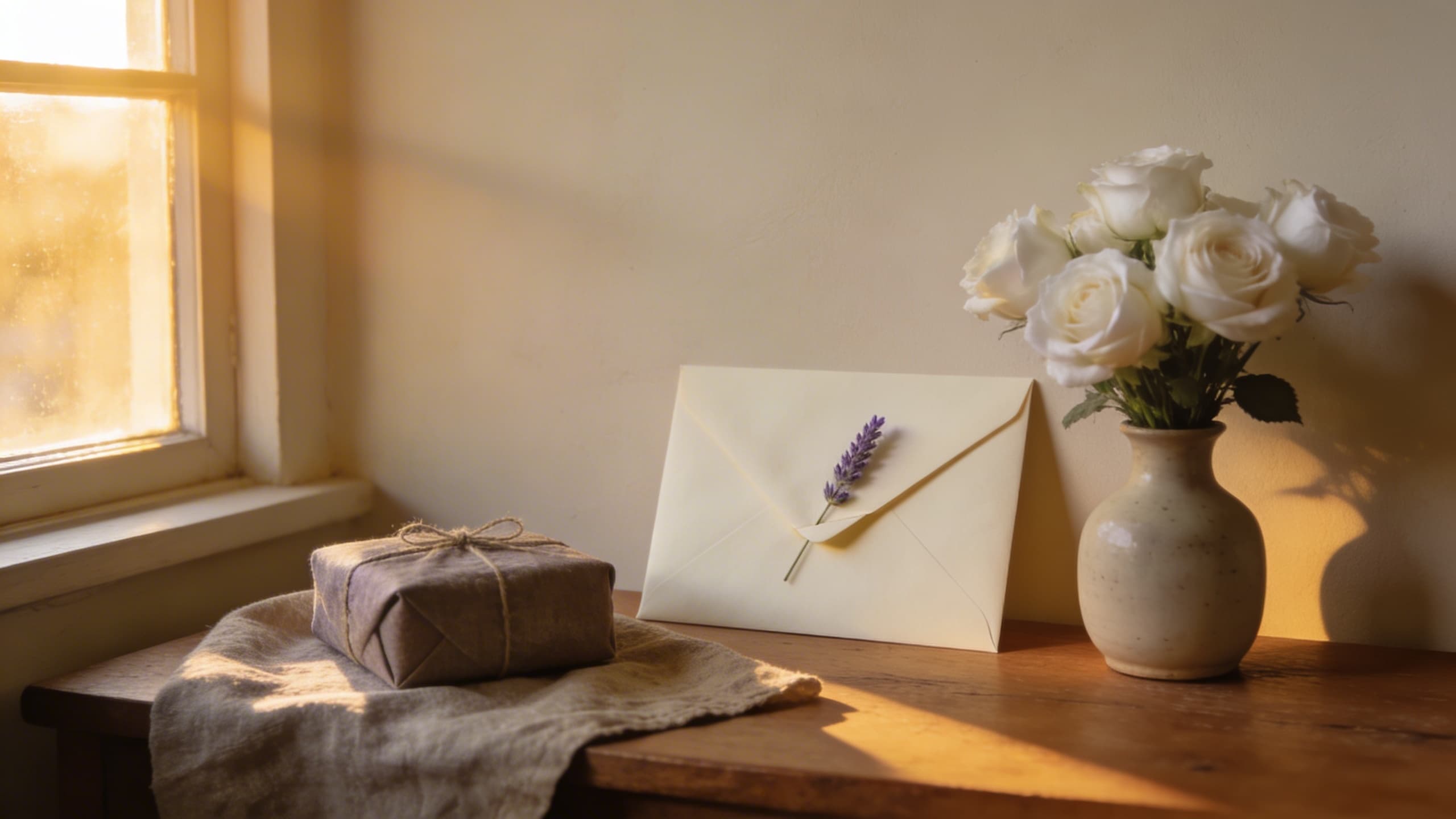 A soft-lit table with a wrapped sympathy gift, a handwritten card, and a small bouquet of white flowers arranged thoughtfully