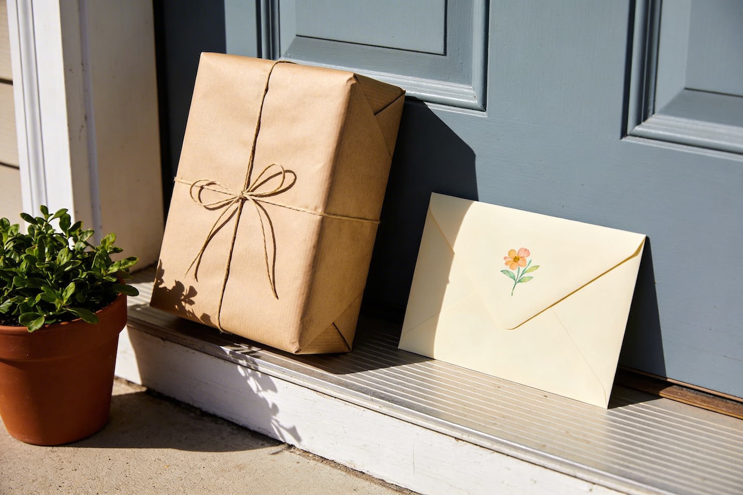 A soft-lit table with a wrapped sympathy gift, a handwritten card, and a small bouquet of white flowers arranged thoughtfully