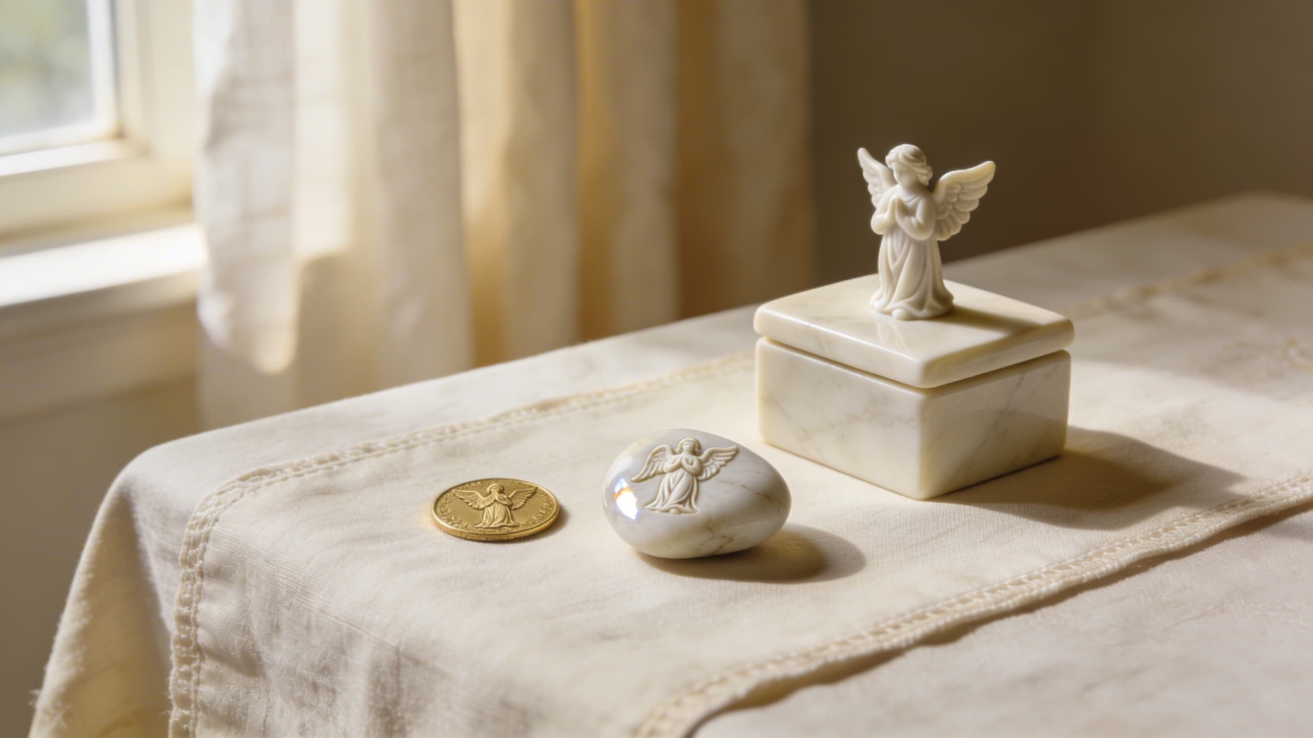 A collection of small sympathy gifts including angel coins, worry stones, and a keepsake box arranged on a linen-covered table with soft natural light