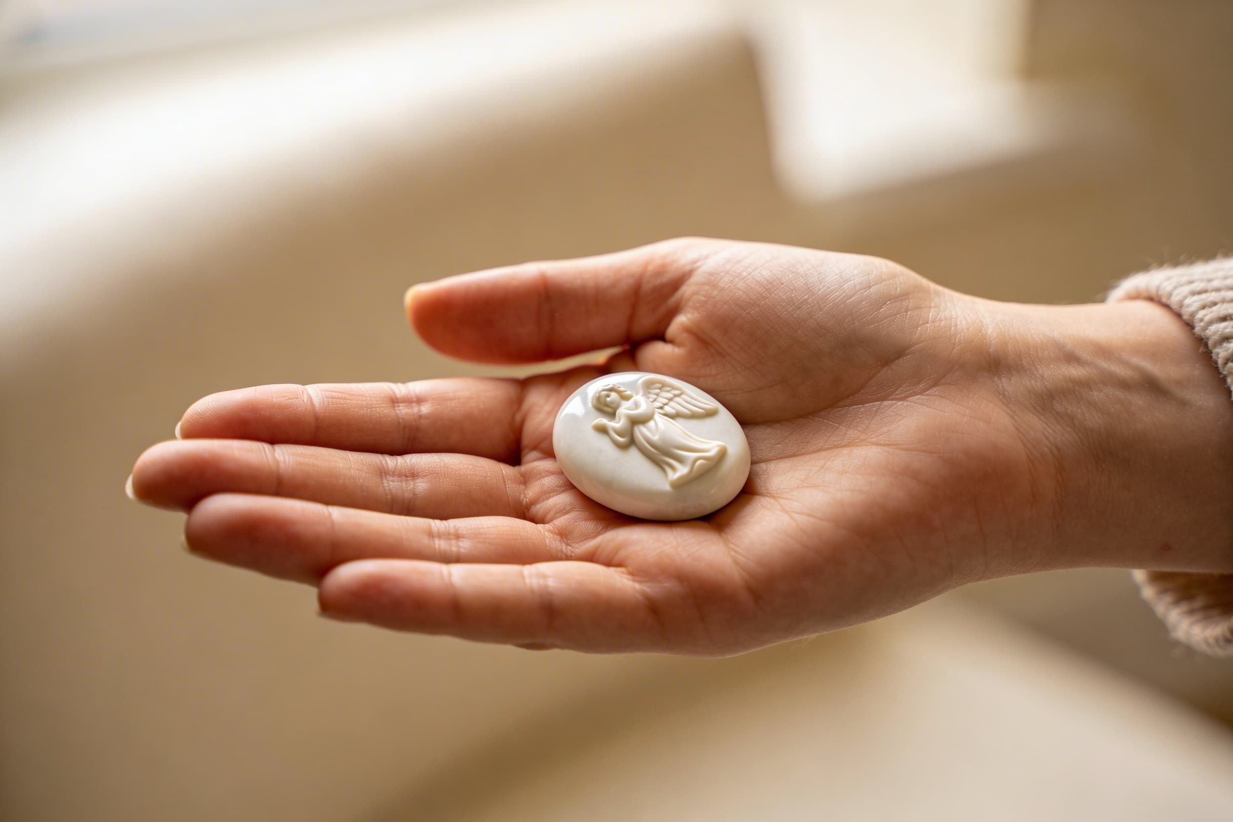 A smooth angel worry stone resting in an open palm, showing the embossed angel design and comforting inscription on the surface