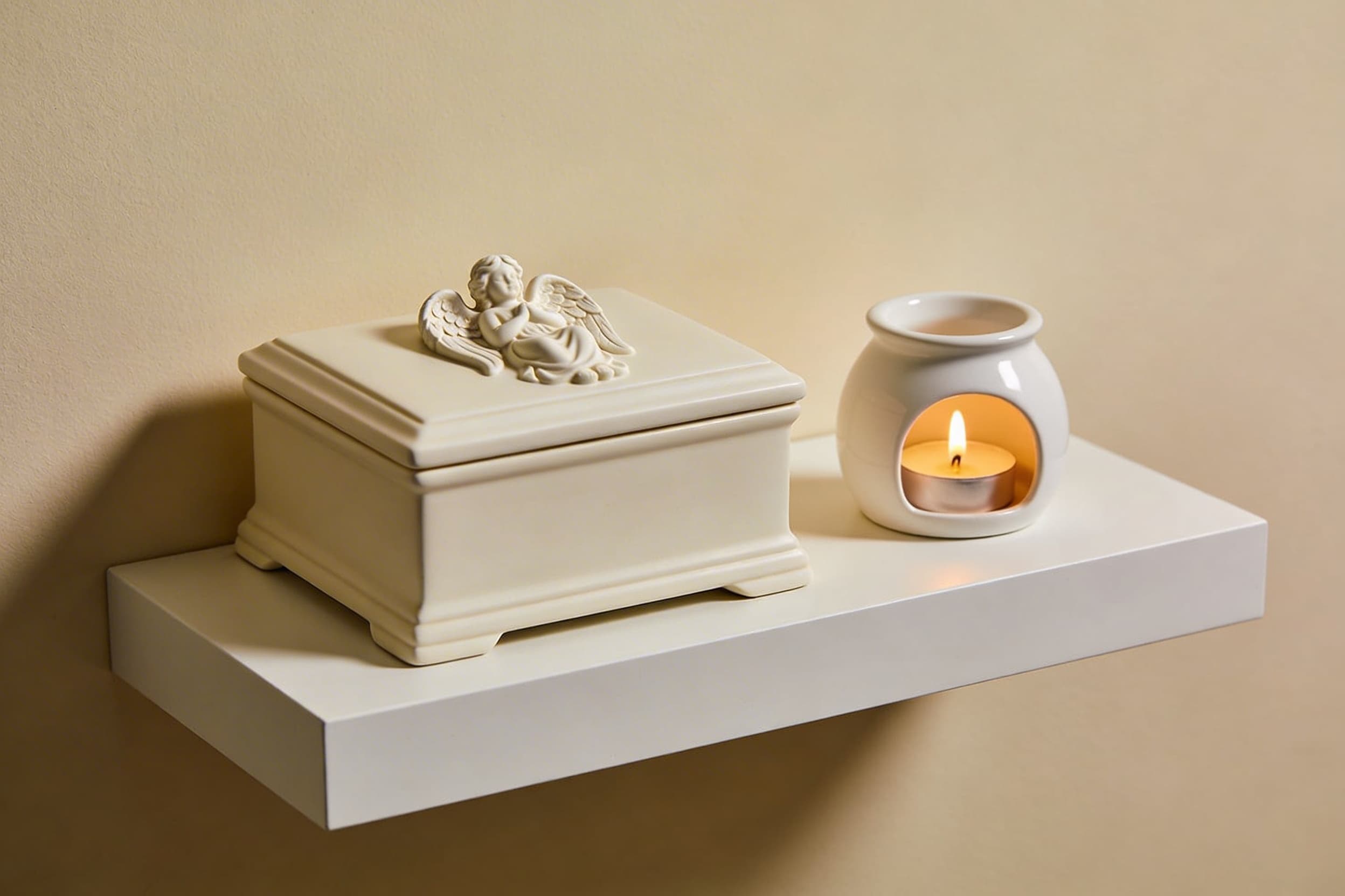 An angelic keepsake box and a memorial candle holder displayed together on a white shelf in a softly lit room, creating a small home memorial arrangement
