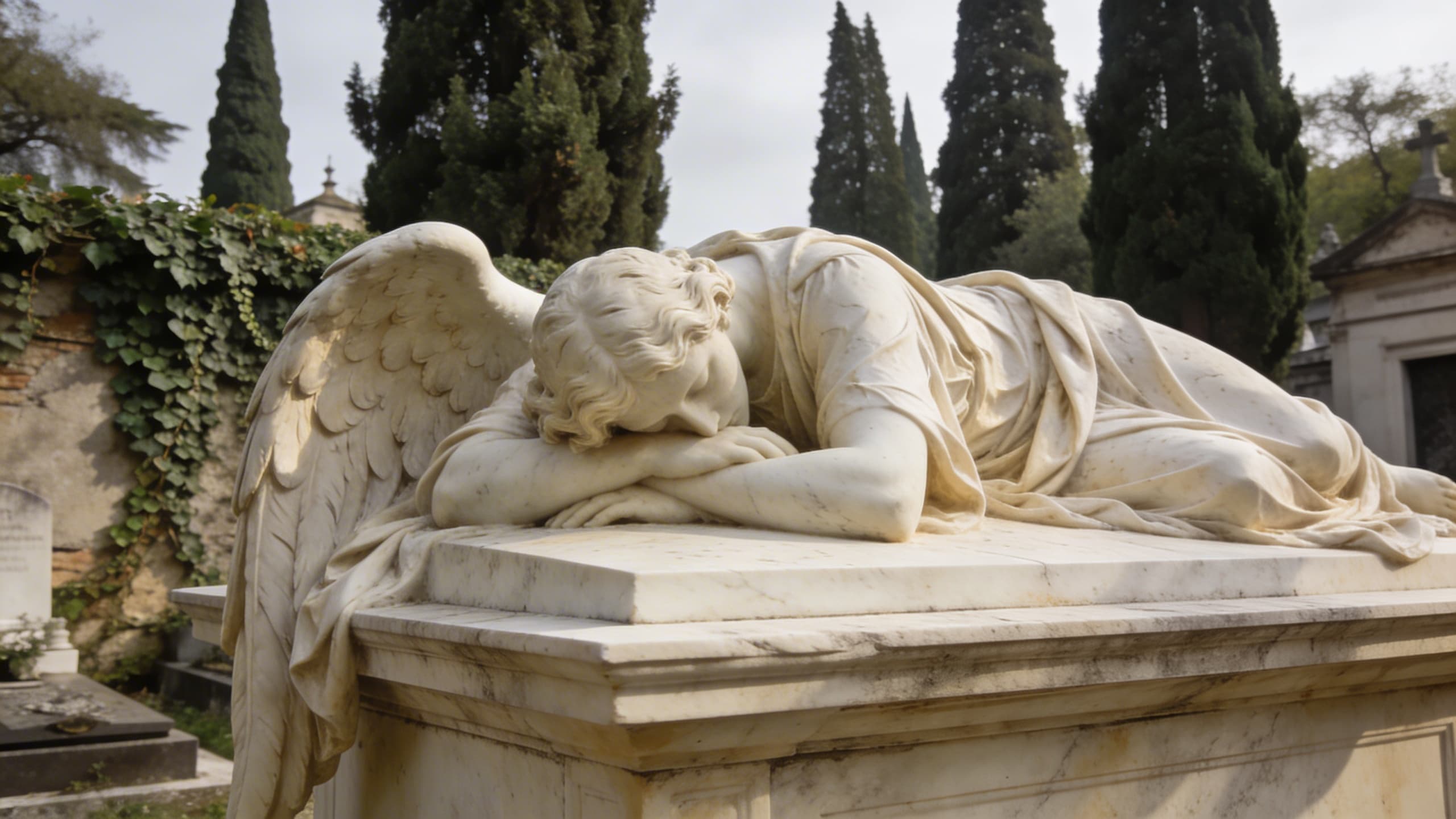 The original Angel of Grief marble sculpture by William Wetmore Story draped over a funeral altar in the Protestant Cemetery in Rome