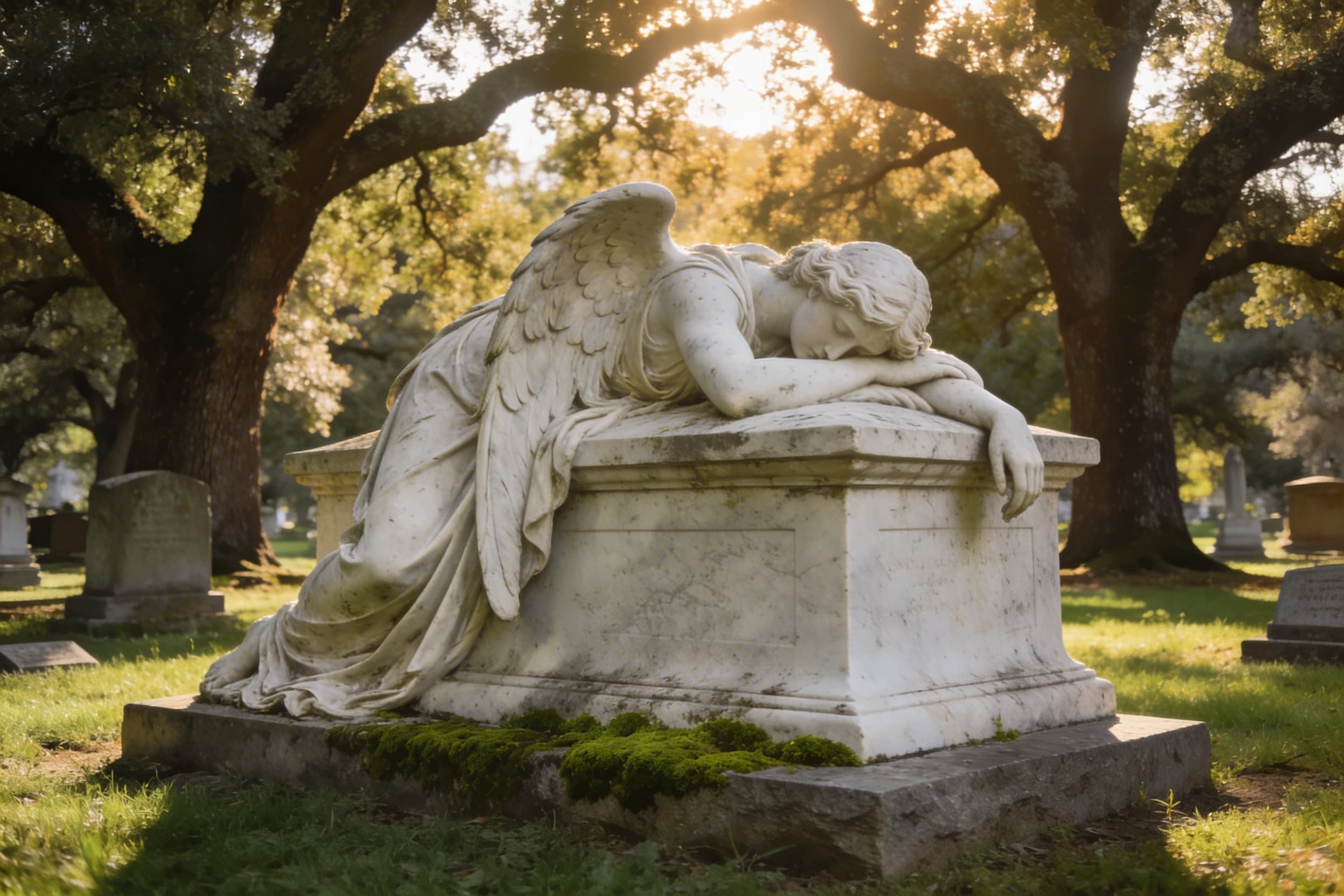 A weathered marble Angel of Grief replica in an American cemetery with drooping wings draped over a stone altar surrounded by mature trees