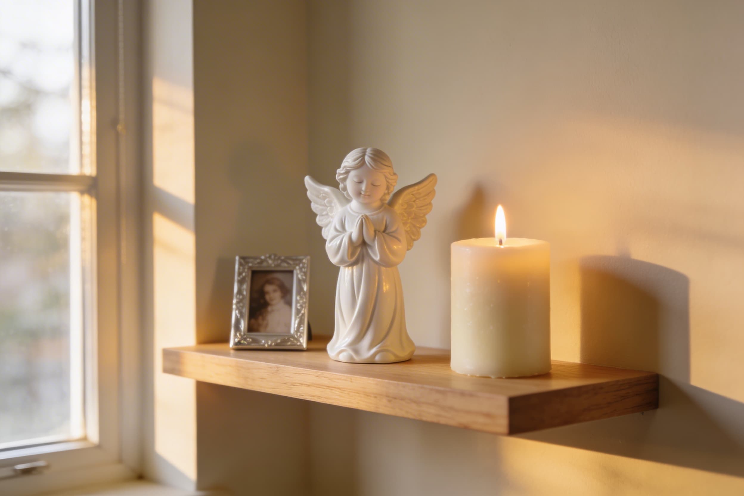 A small white angel memorial figurine displayed on a shelf beside a framed photograph and a lit candle in a warm softly lit room