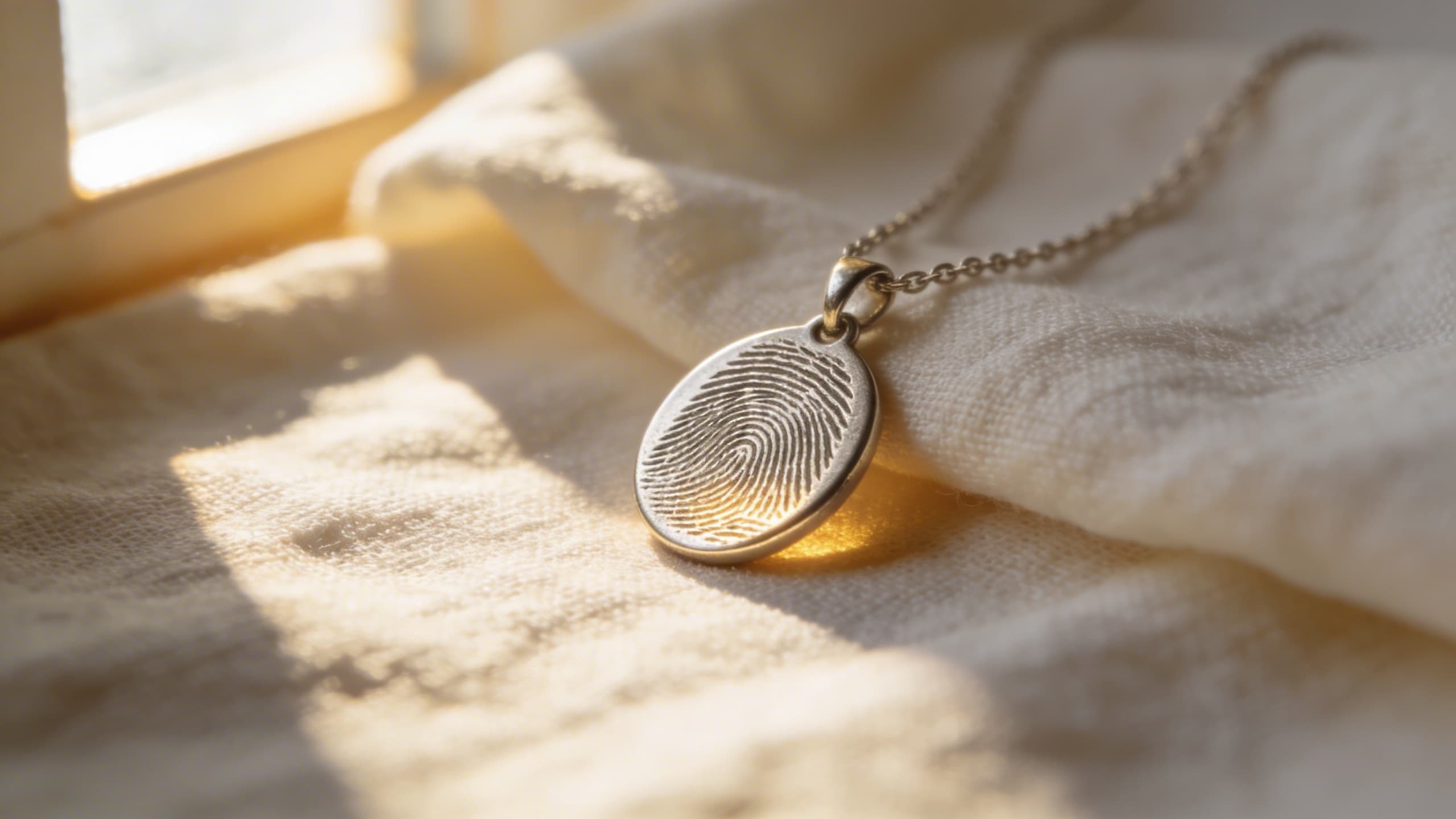 A sterling silver fingerprint pendant necklace resting on soft linen fabric with warm natural light