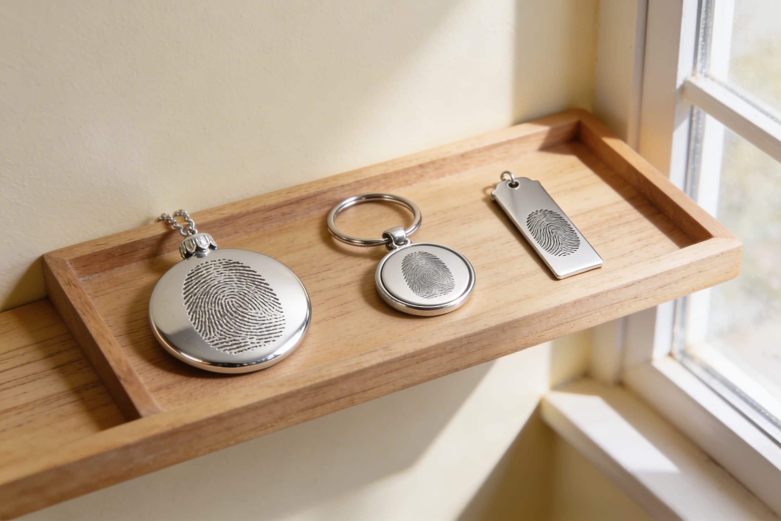 A wooden display tray holding a fingerprint ornament, engraved keychain, and small memorial bookmark on a shelf