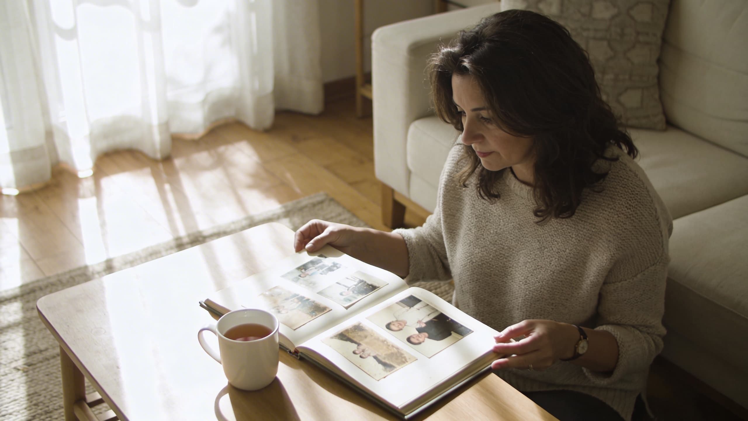 A woman sitting in a sunlit room looking through a photo album with old family photographs, a cup of tea beside her on the table
