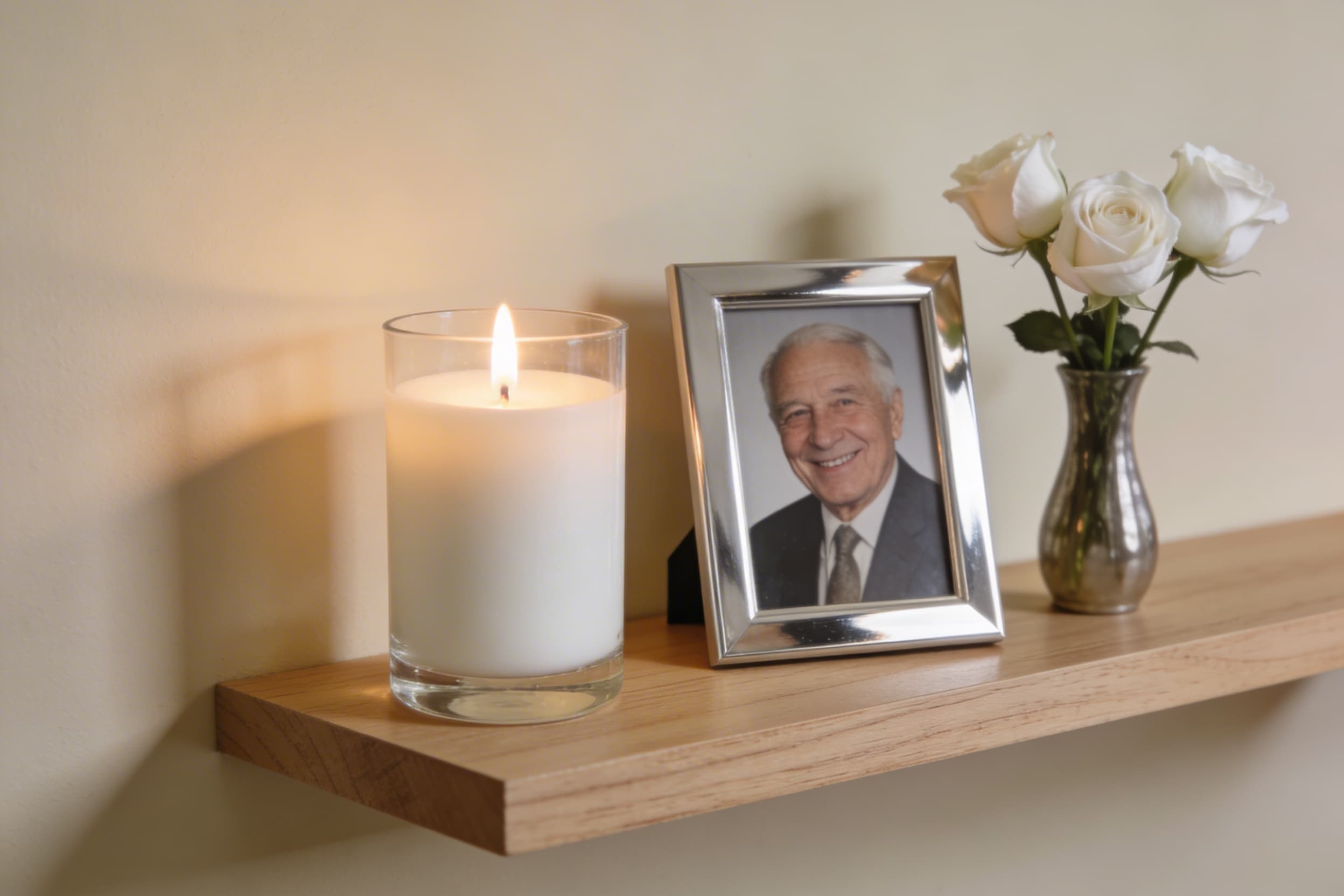 A softly glowing memorial candle placed beside a framed photograph of a parent on a wooden shelf with a small vase of white flowers
