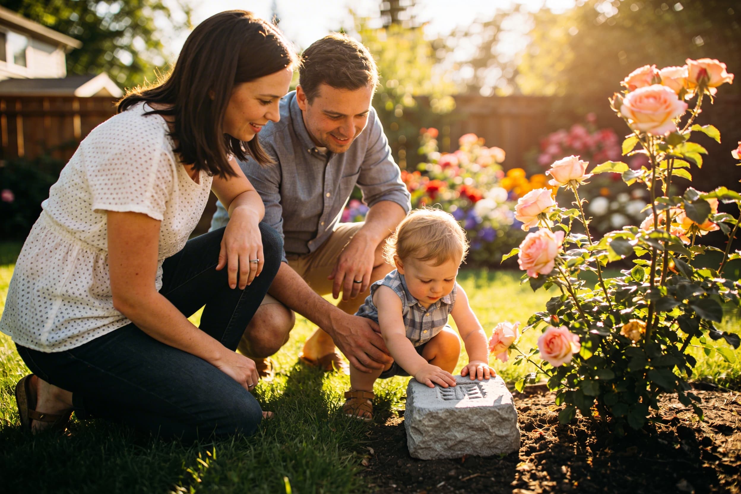 A family placing a memorial garden stone near a flowering bush in a sunny backyard garden