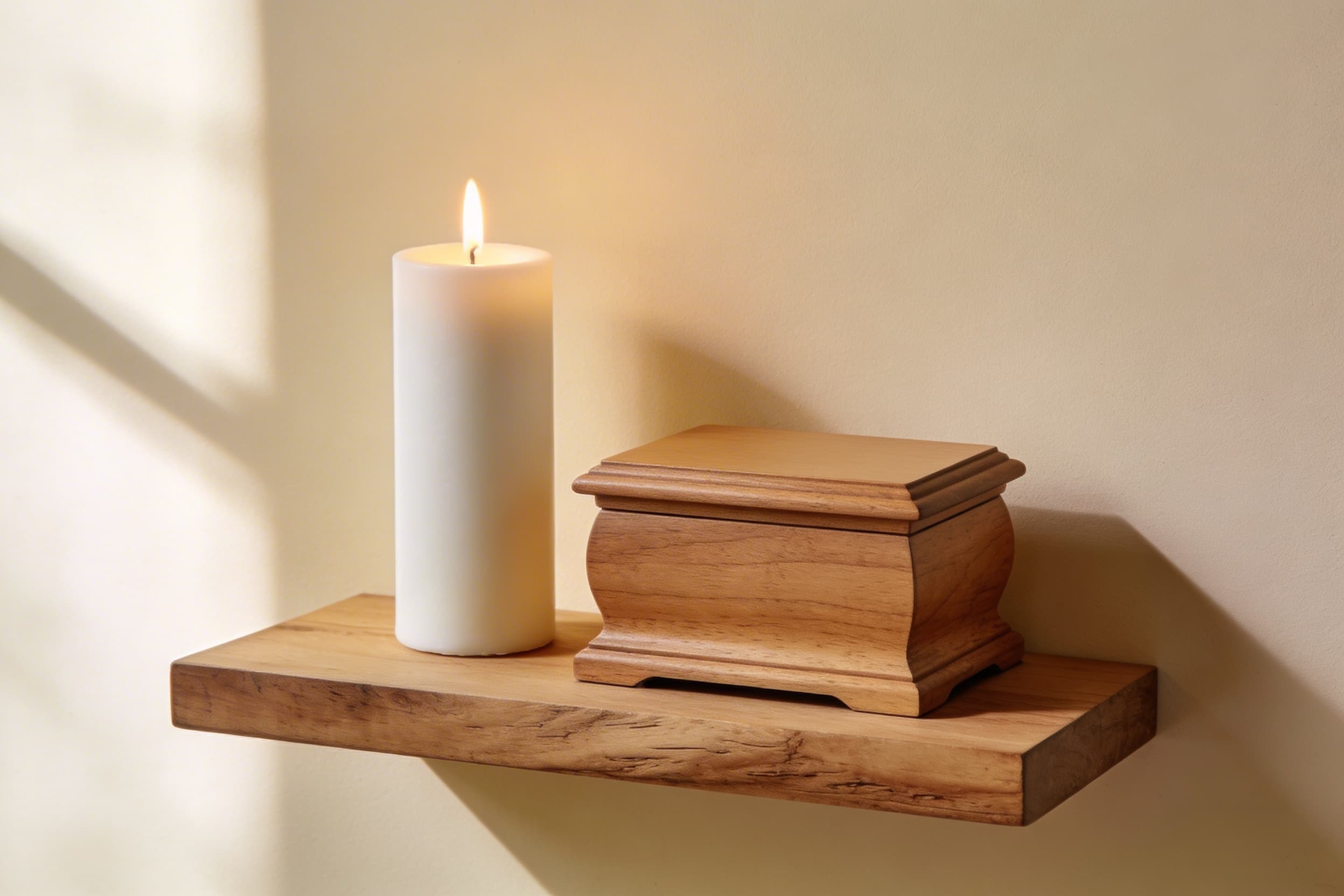 A lit candle beside a small memorial keepsake on a wooden shelf in warm, soft light