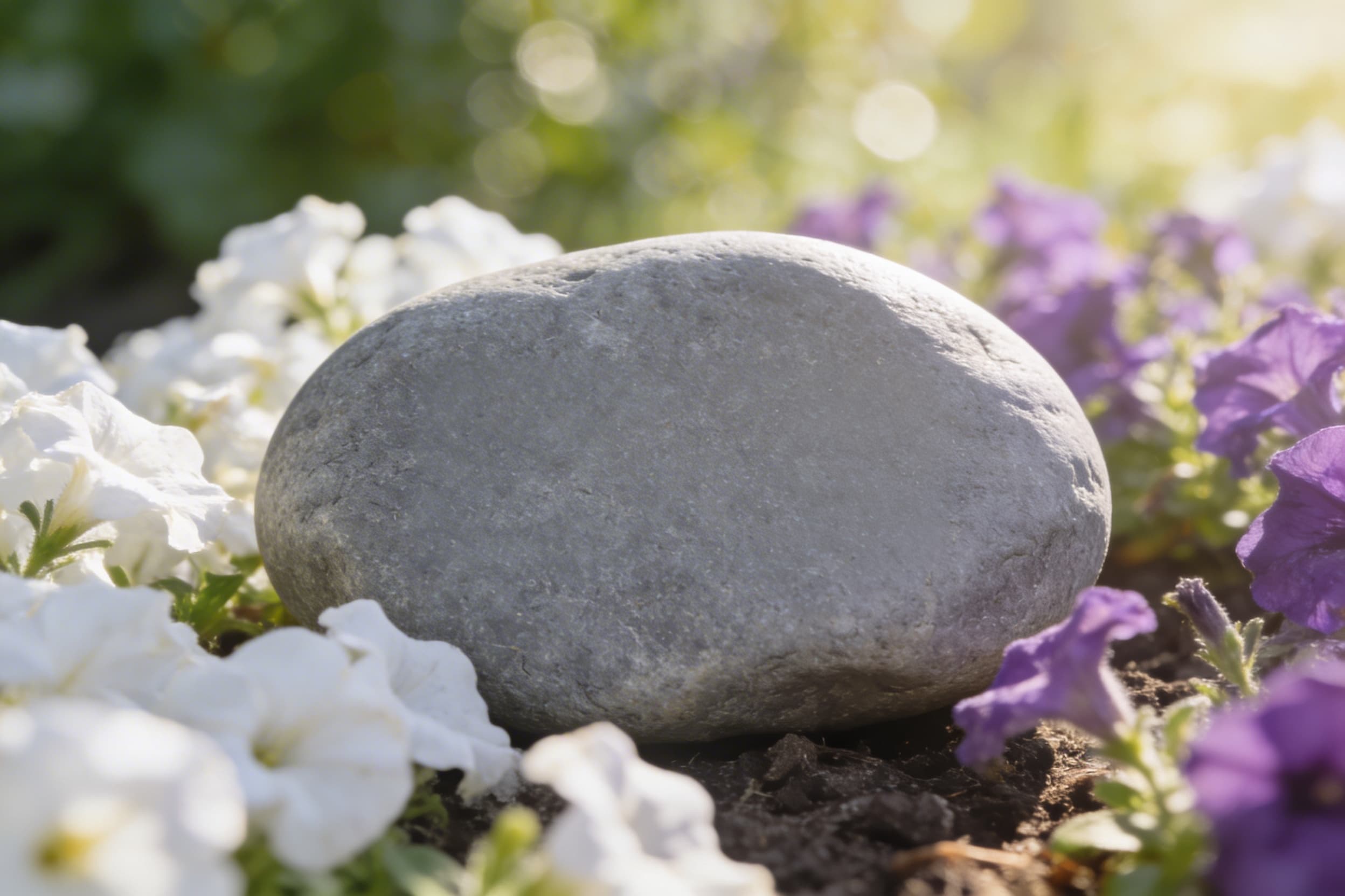 Image: garden-remembrance-stone-with-flowers.jpg Alt: A small remembrance stone placed among flowers in a sunlit garden