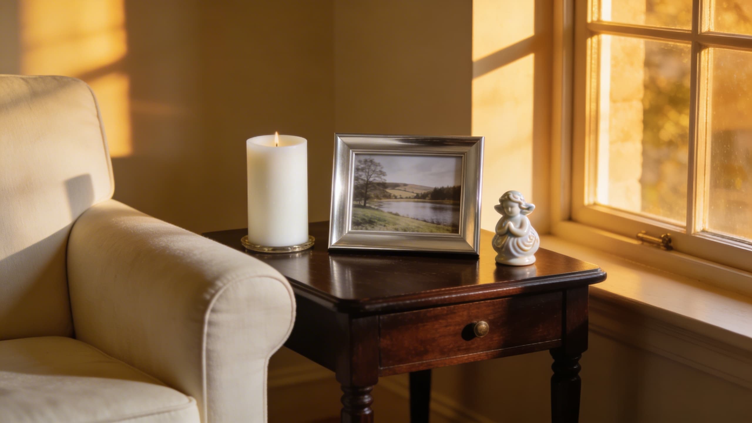 A warm living room corner with a small framed photo, a candle, and a memorial keepsake arranged on a side table