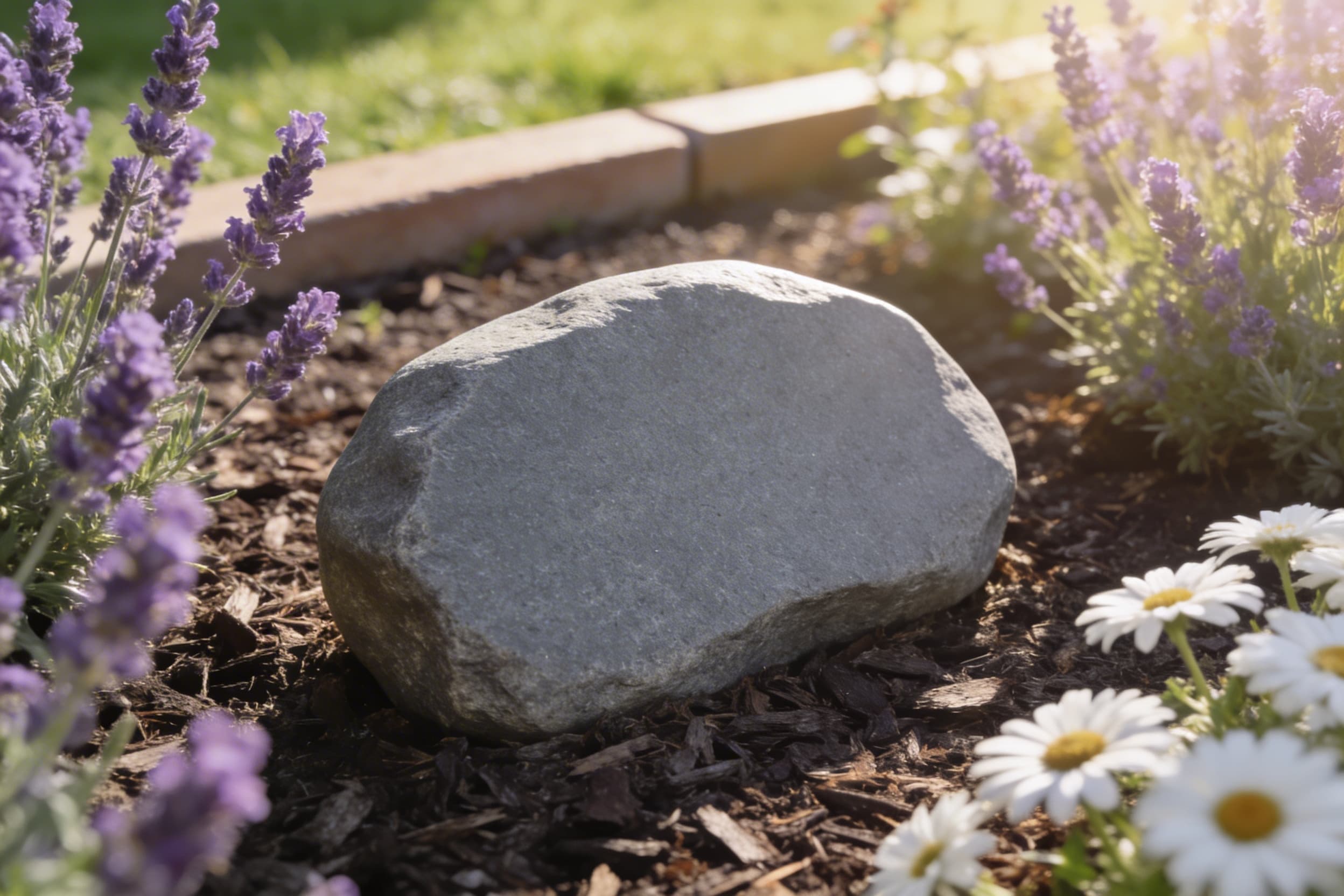 An engraved memorial stone placed in a sunlit garden surrounded by flowers and greenery