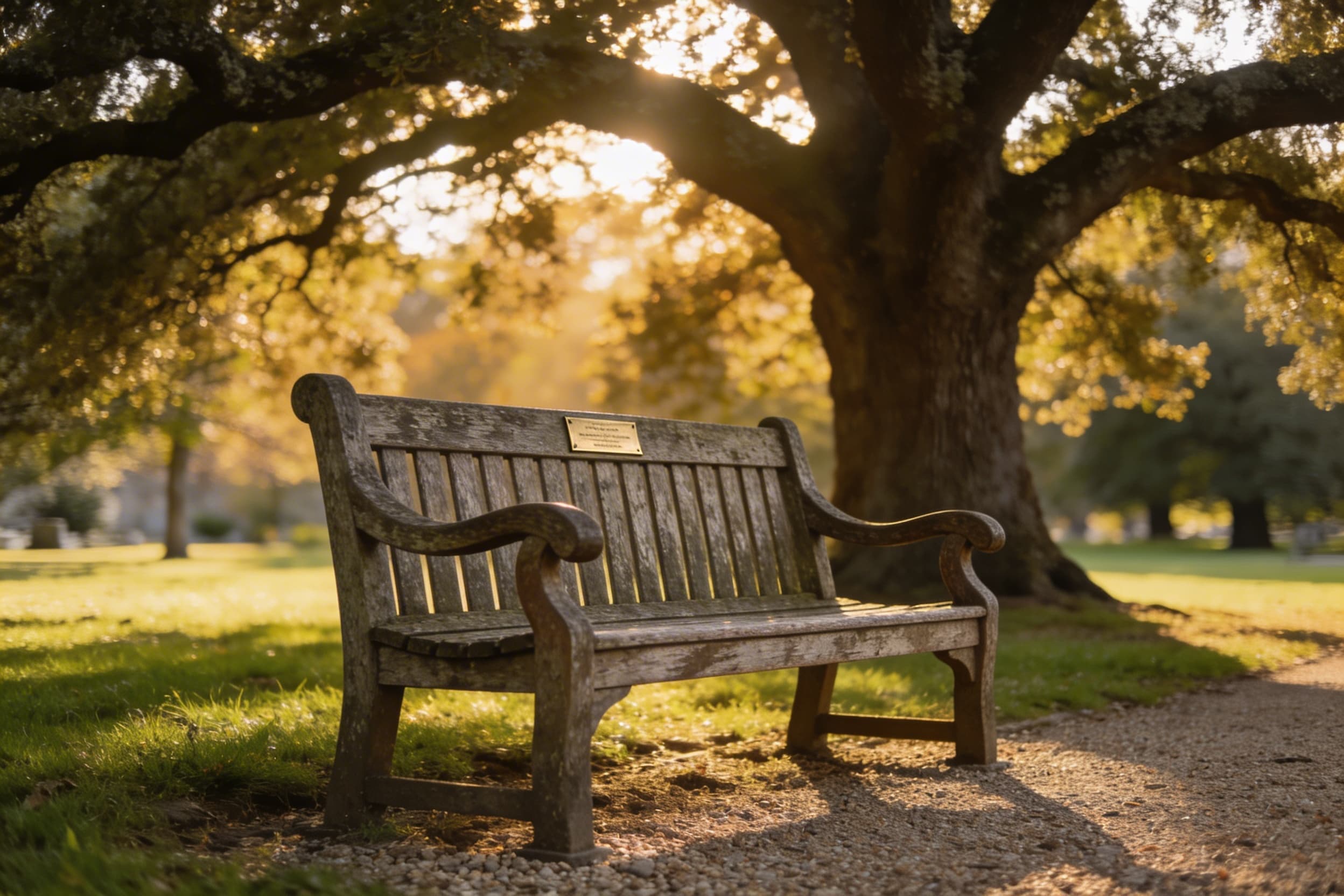 A wooden memorial bench with a small brass plaque in a peaceful tree-lined park setting