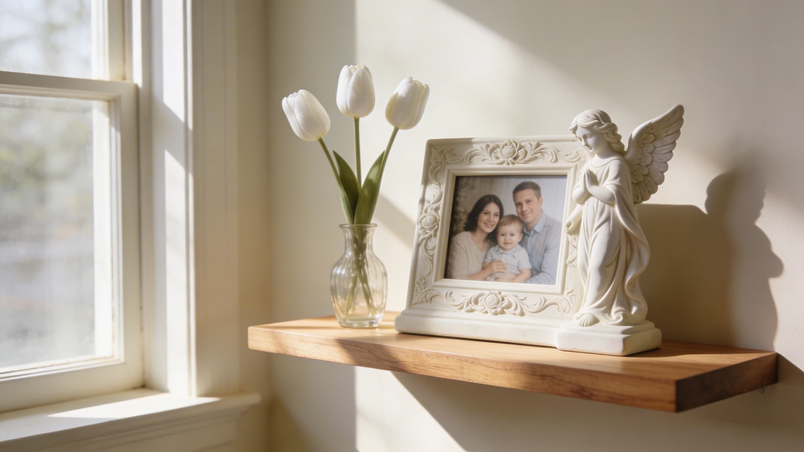An angel memorial picture frame displaying a family photograph on a sunlit wooden shelf beside a small vase of white flowers