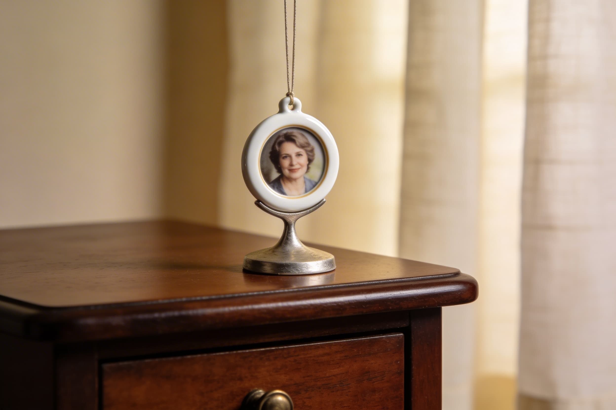 A ceramic photo ornament with a loved one's portrait hanging from a decorative memorial display stand in a warmly lit living room