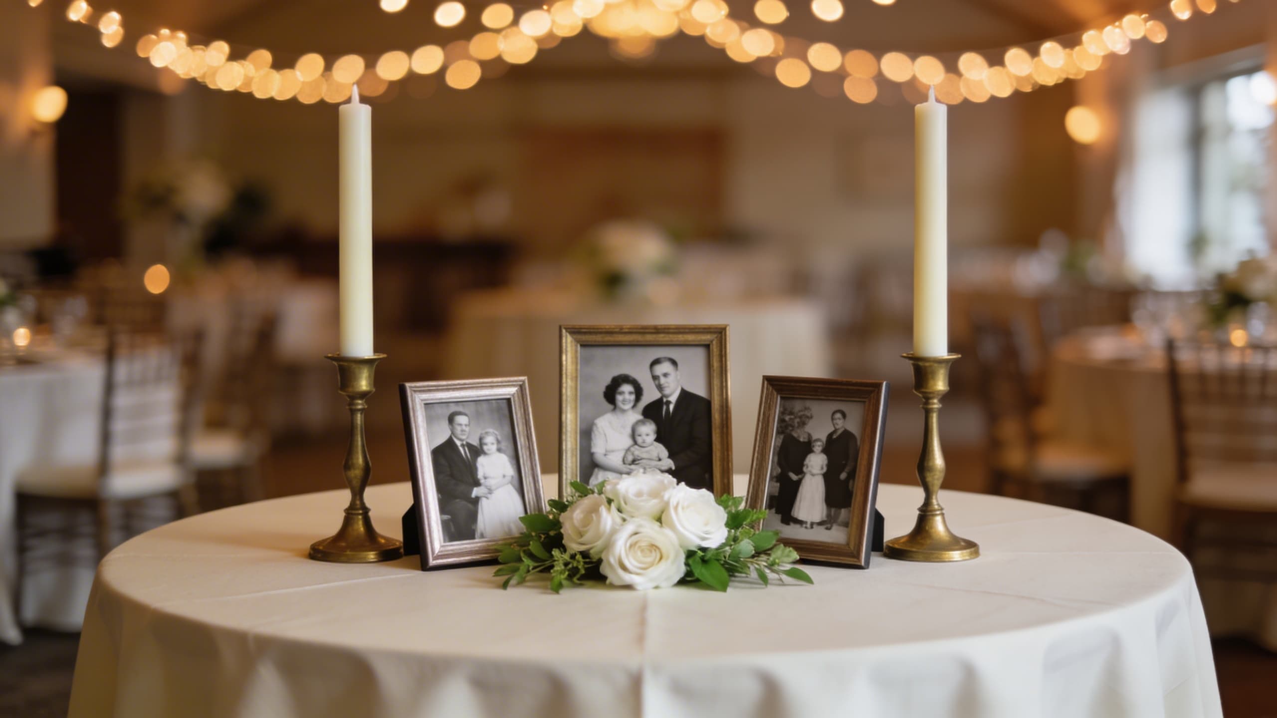 A beautifully arranged wedding memorial table with framed family photos, pillar candles, and white flowers against a soft-lit reception backdrop