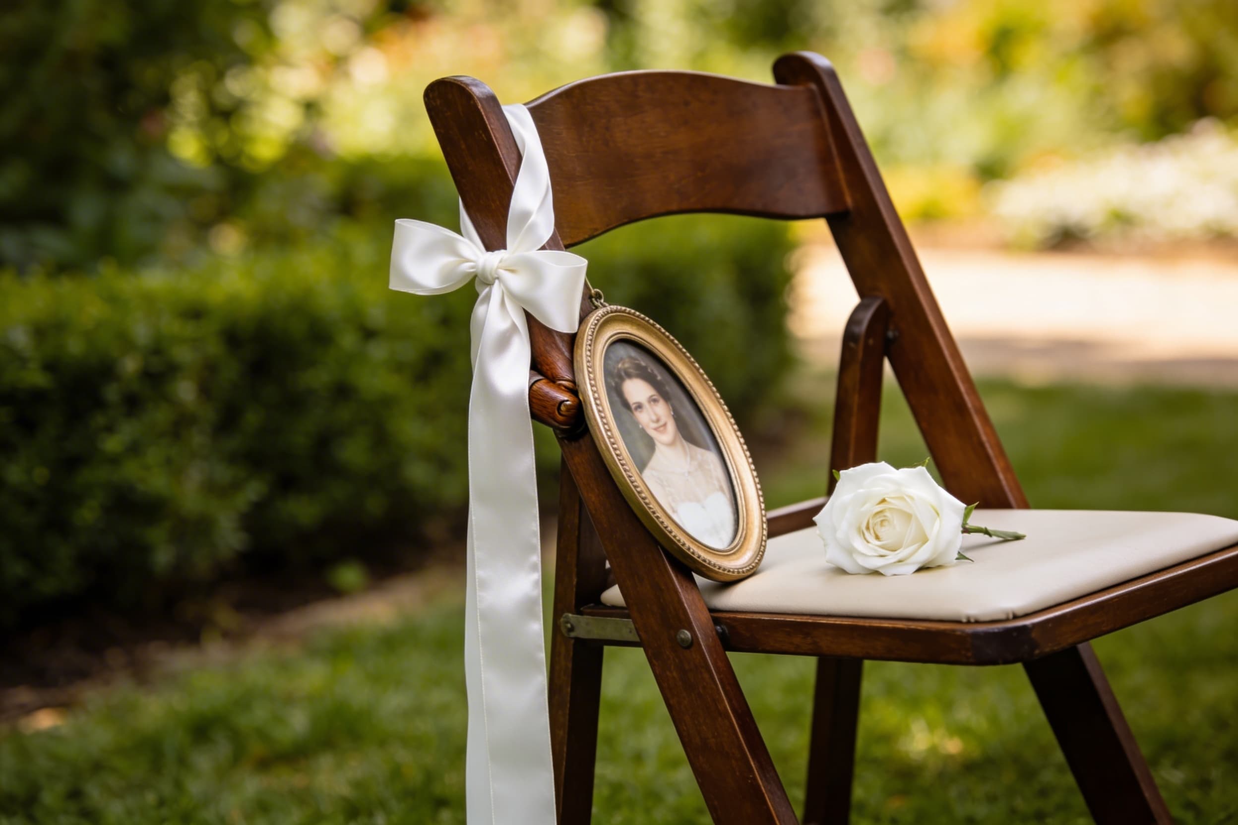 A reserved ceremony chair at a wedding decorated with a small framed photograph, white ribbon, and a single white rose
