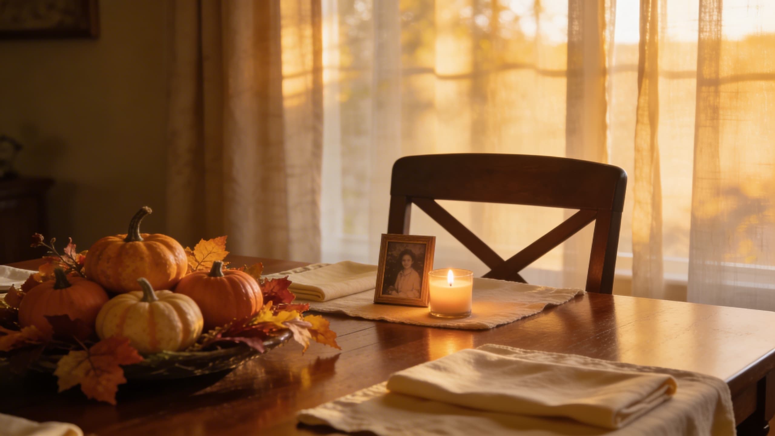 A warm Thanksgiving table setting with an empty chair, a lit memorial candle, and a small framed photo honoring a loved one who has passed