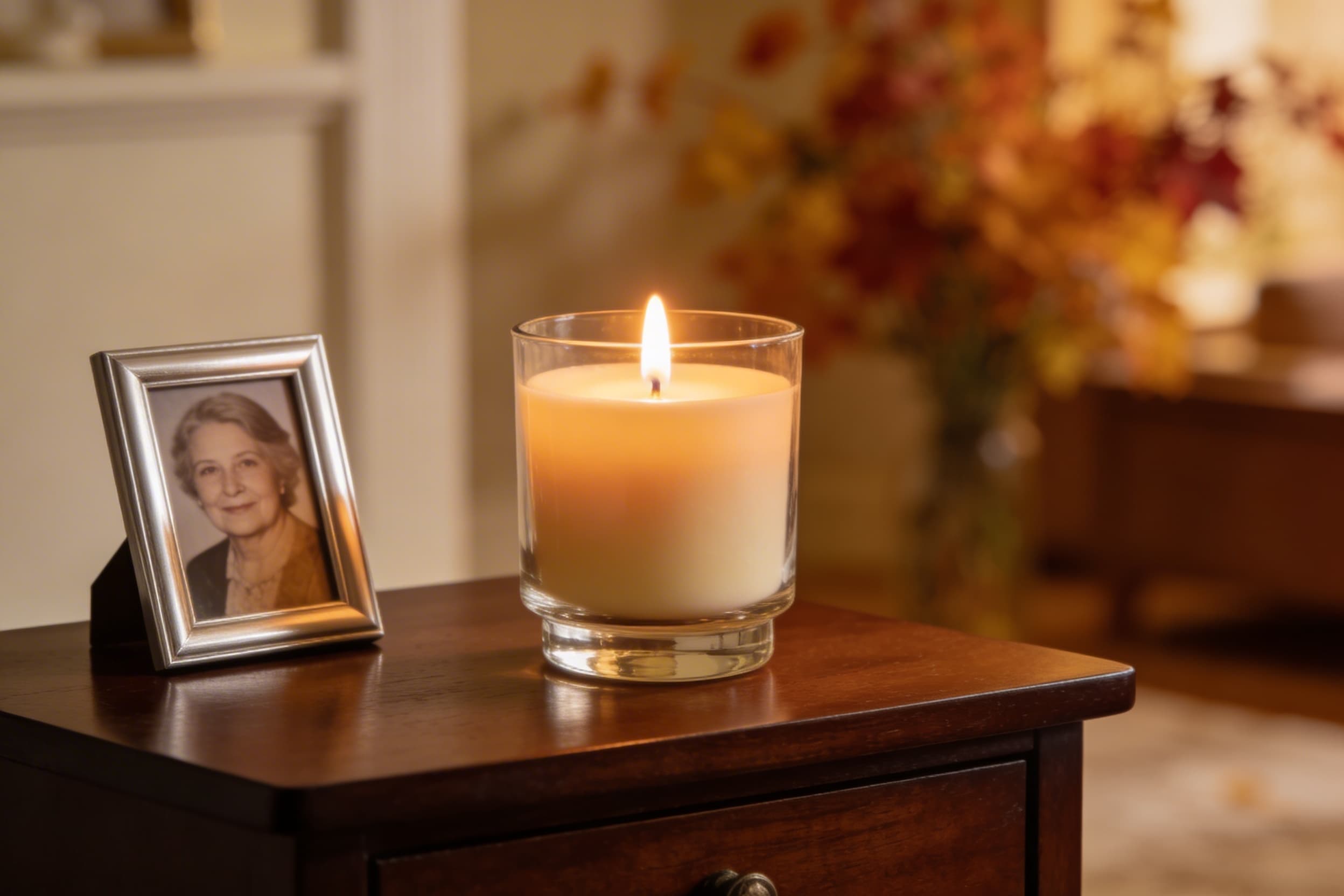 A soft memorial candle burning beside a small framed photograph on a side table during a Thanksgiving gathering