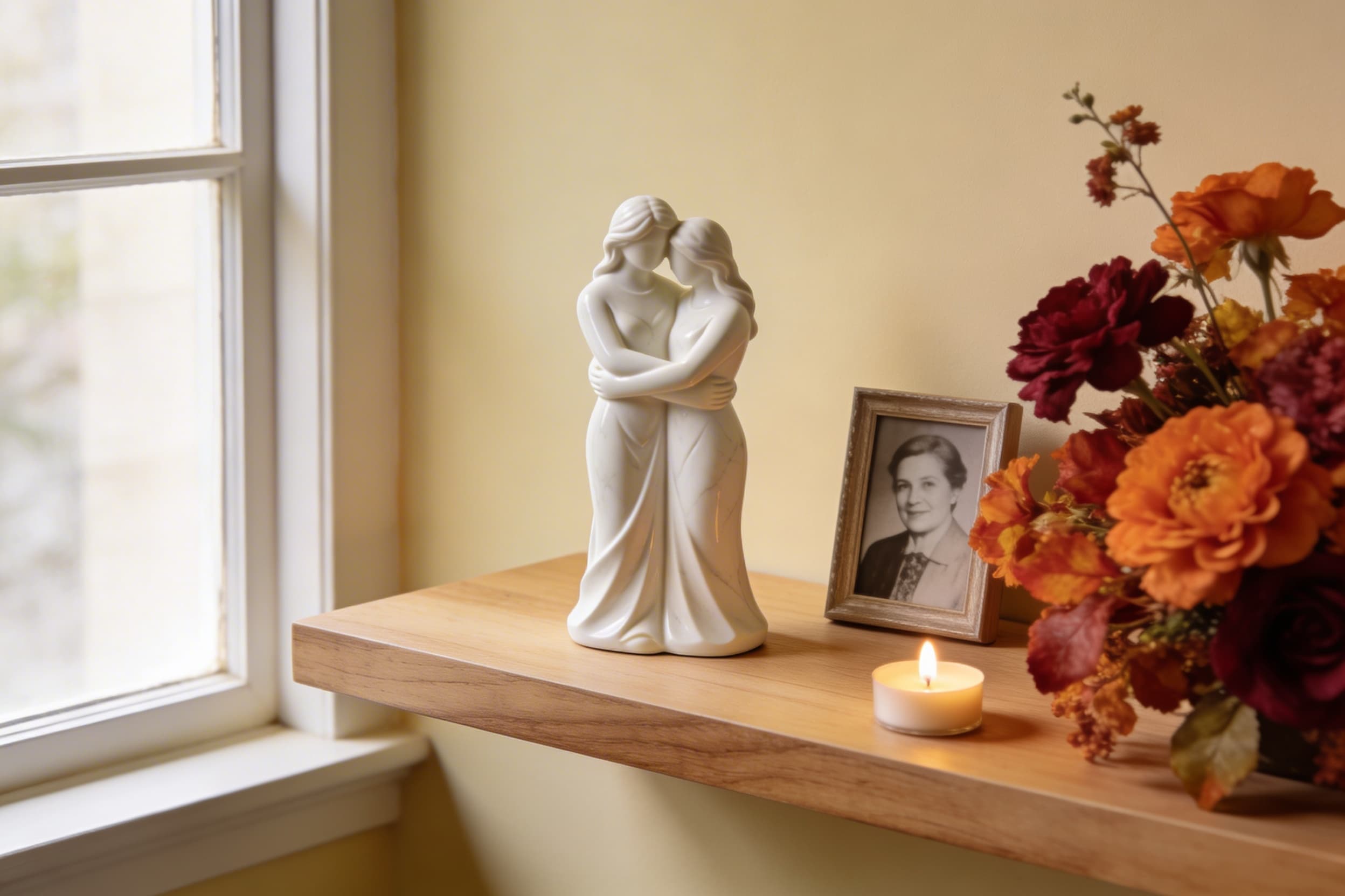 A warm autumn memorial display featuring a small keepsake sculpture, a framed photograph, autumn flowers, and a lit candle on a wooden shelf