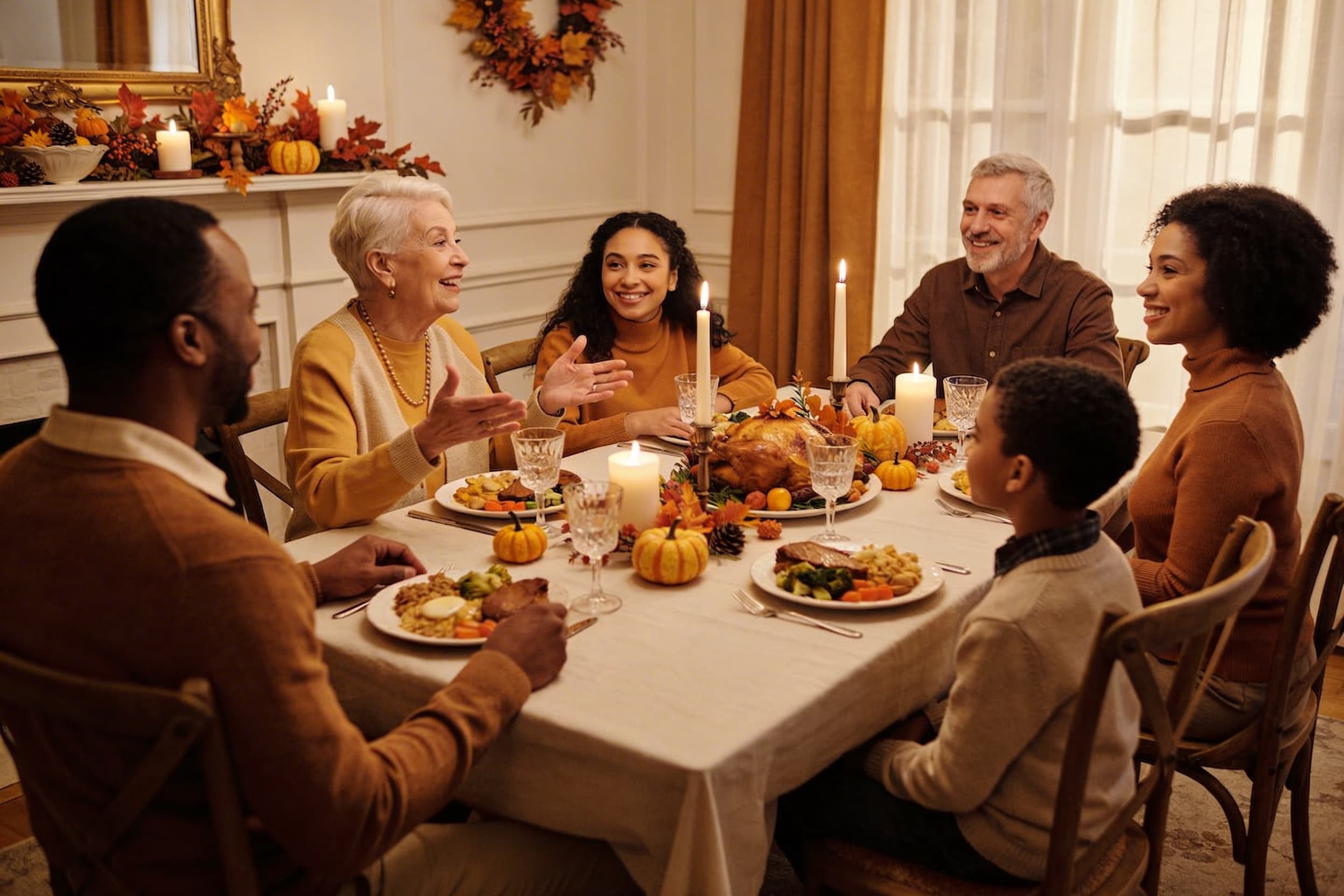 A multigenerational family gathered around a Thanksgiving table with autumn decorations, sharing stories and memories of a loved one