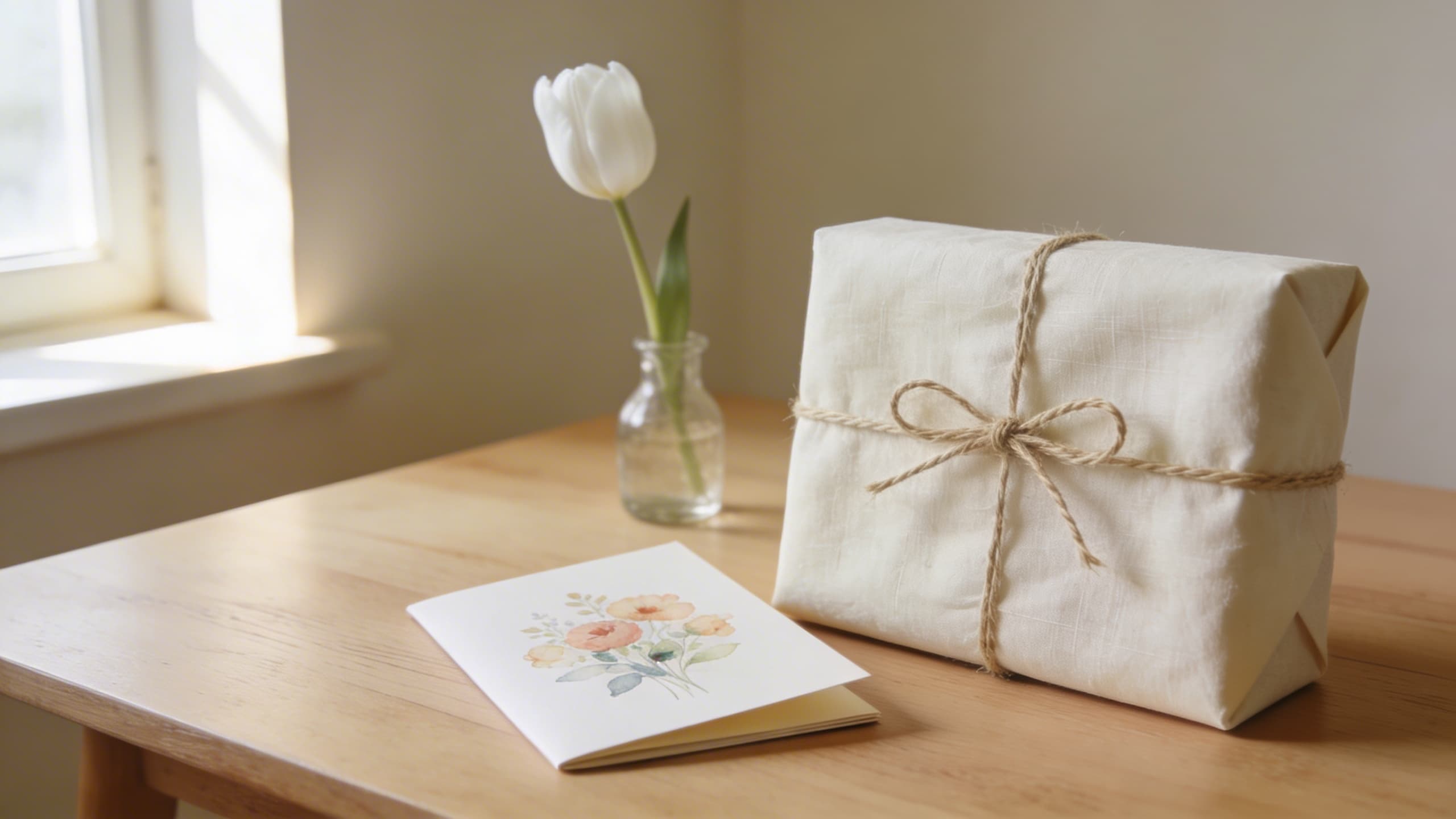 A carefully wrapped sympathy gift in soft neutral paper beside a handwritten card on a calm, sunlit tabletop