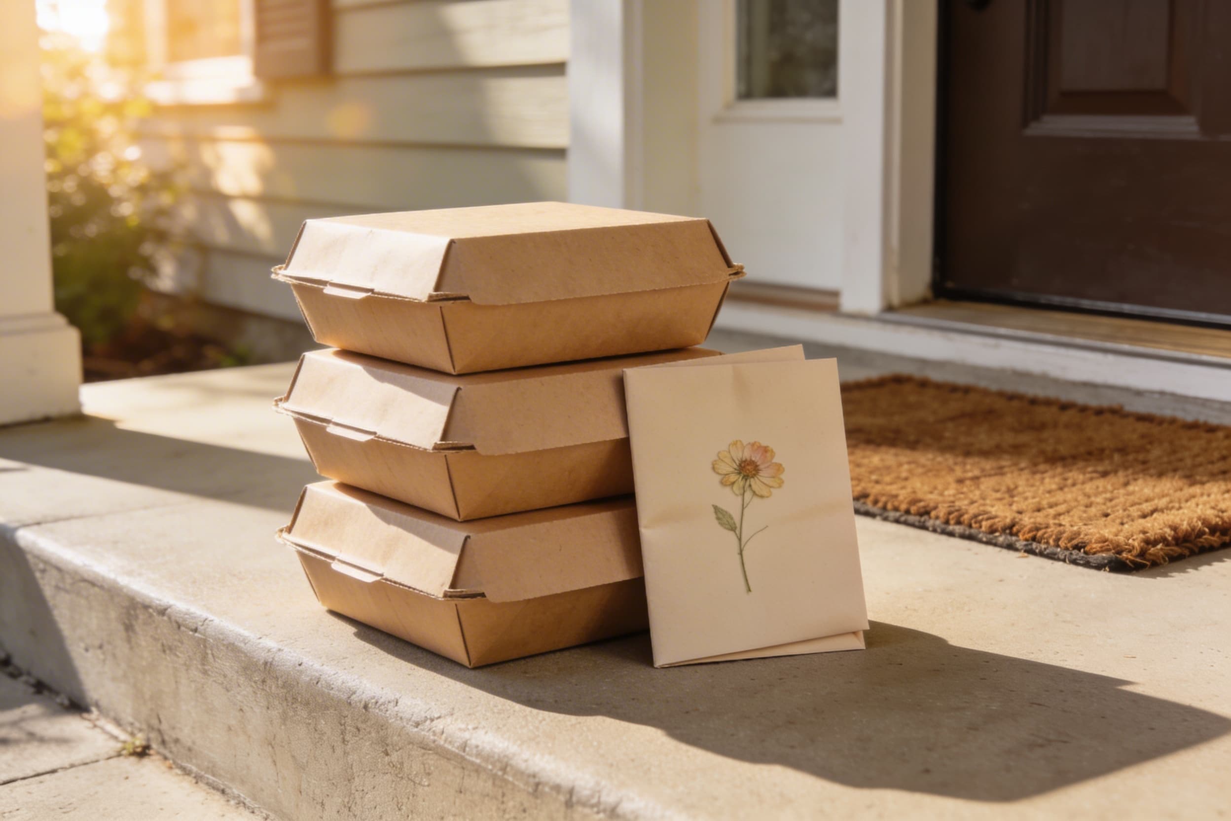 Neatly stacked meal delivery containers with a small sympathy card placed on a front porch in warm afternoon light