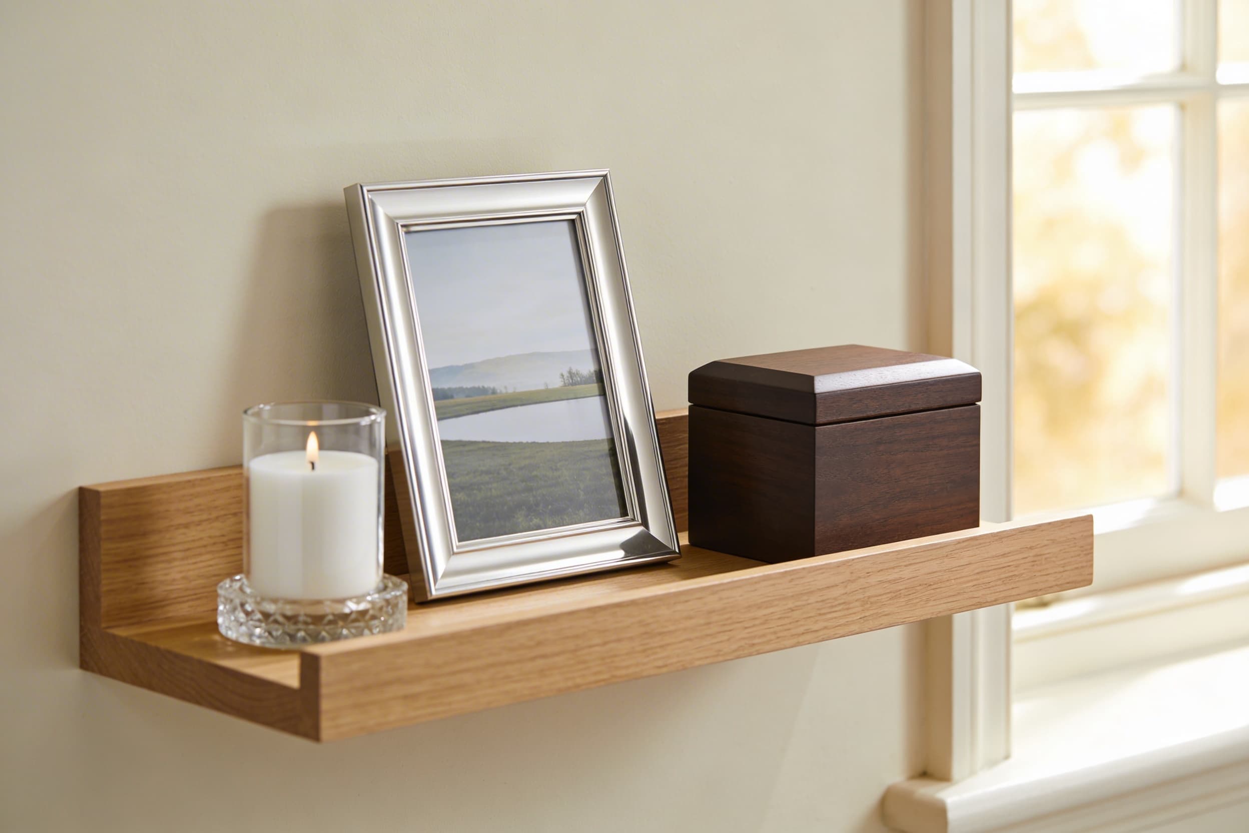 A memorial keepsake display on a shelf featuring a small candle, a framed photograph, and a keepsake box in warm, soft lighting