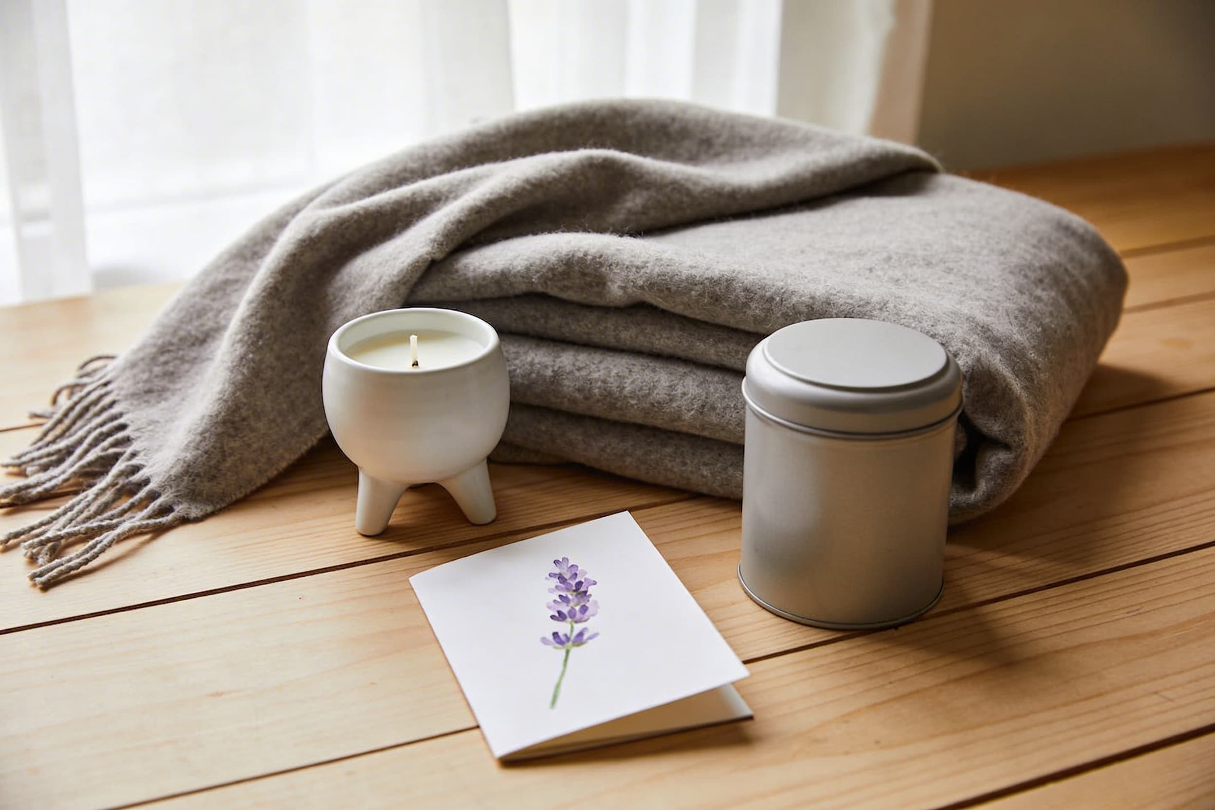 A sympathy care package arranged on a wooden surface with a folded soft blanket, a candle, a small box of tea, and a handwritten note