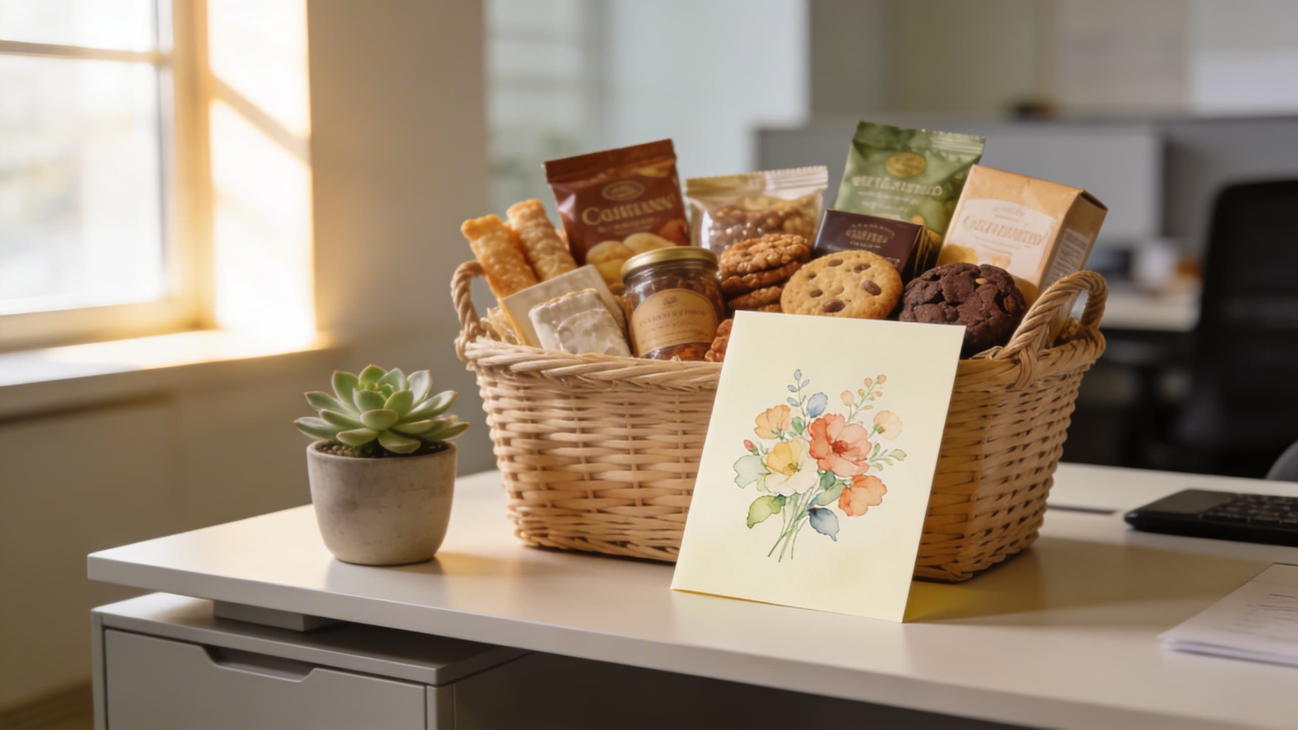 A tasteful sympathy gift basket with a handwritten card displayed on a clean office desk near a window with soft natural light