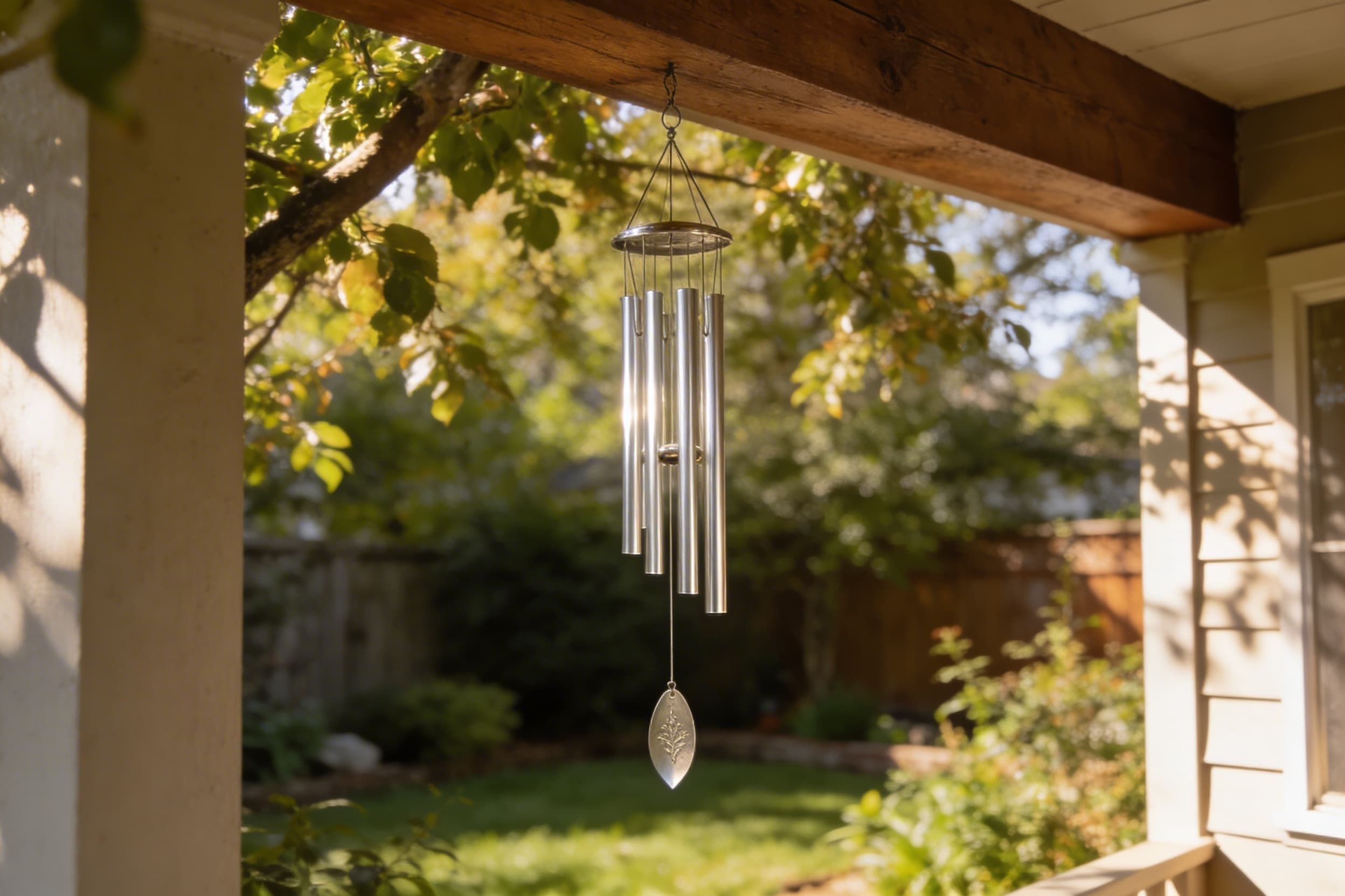 A memorial wind chime hanging from a porch beam in a peaceful backyard garden with soft afternoon light filtering through trees