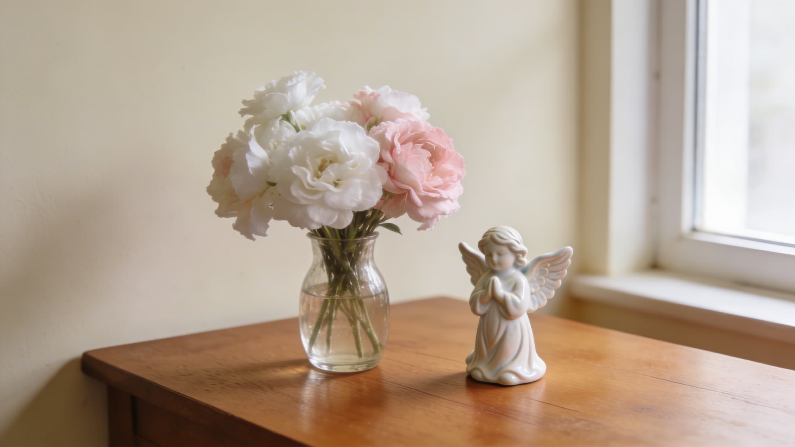 A small bouquet of white and blush pink flowers in a glass vase beside a ceramic angel figurine on a warm wooden table
