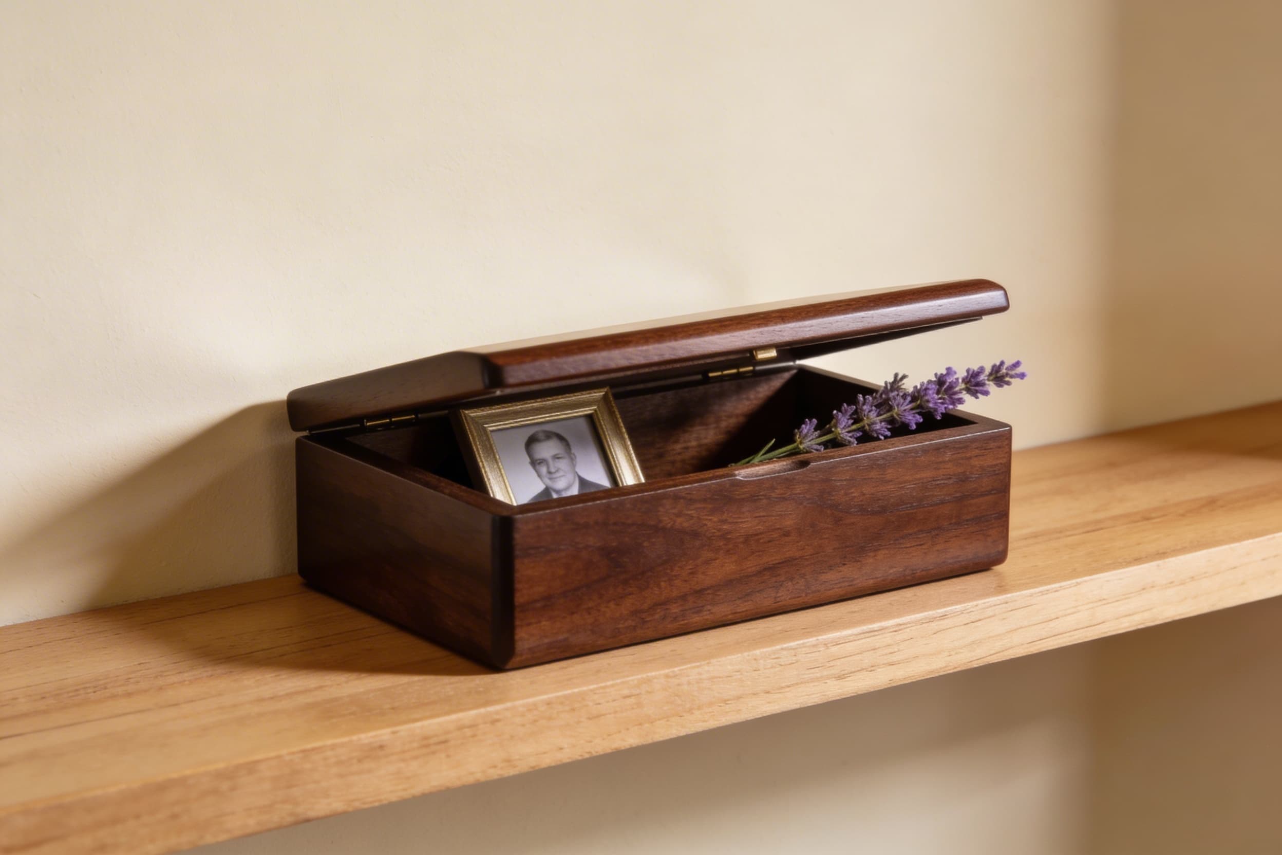 An engraved wooden memory box sitting open on a shelf, with a small framed photo and dried flowers inside