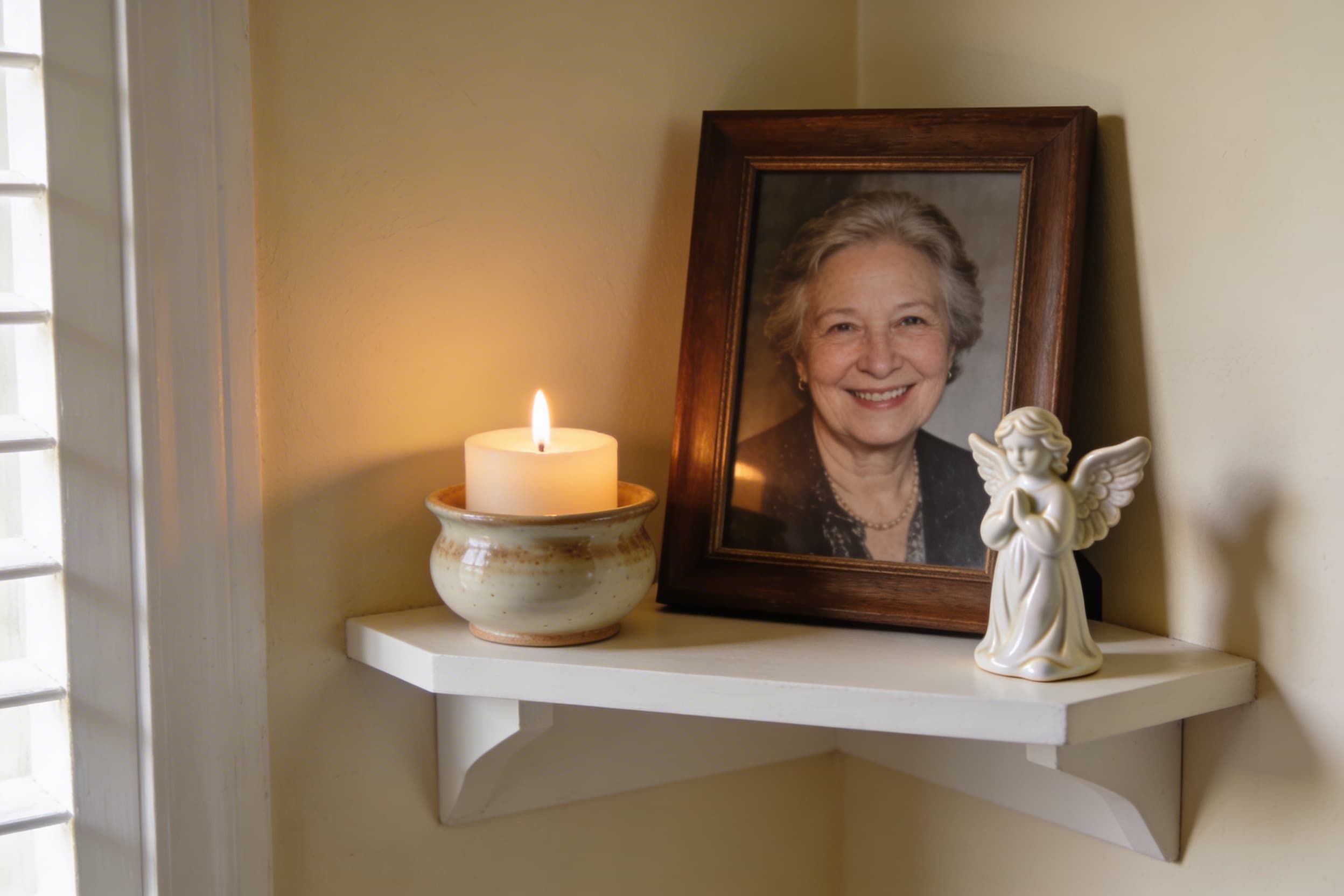 A small memorial shelf at home displaying a framed photograph, a lit candle in a ceramic holder, and a small angel figurine